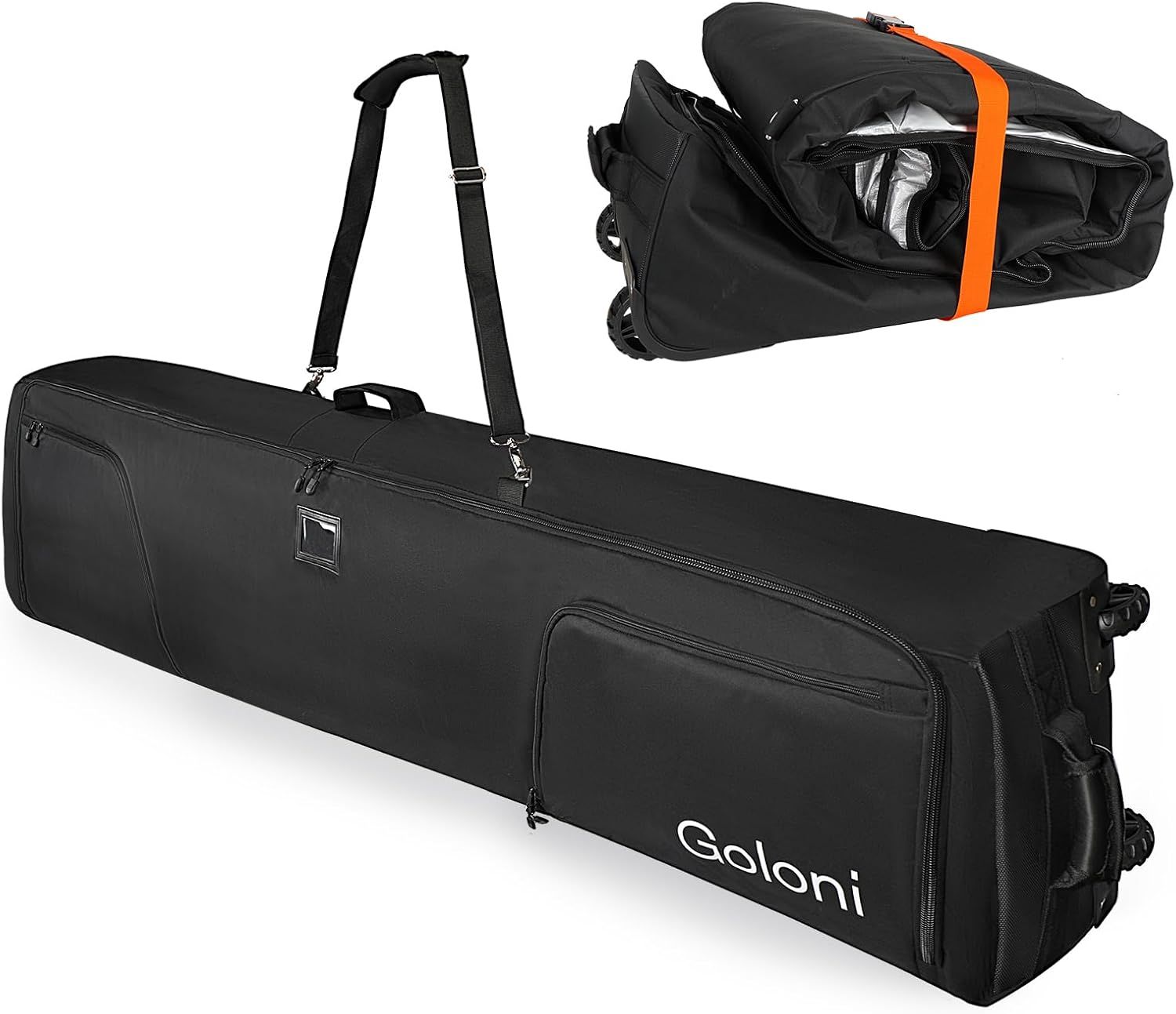 Displays the core product, a large wheeled travel bag designed for winter sports equipment, showing its exterior design, carrying straps, wheels, and storage compartments to communicate its…