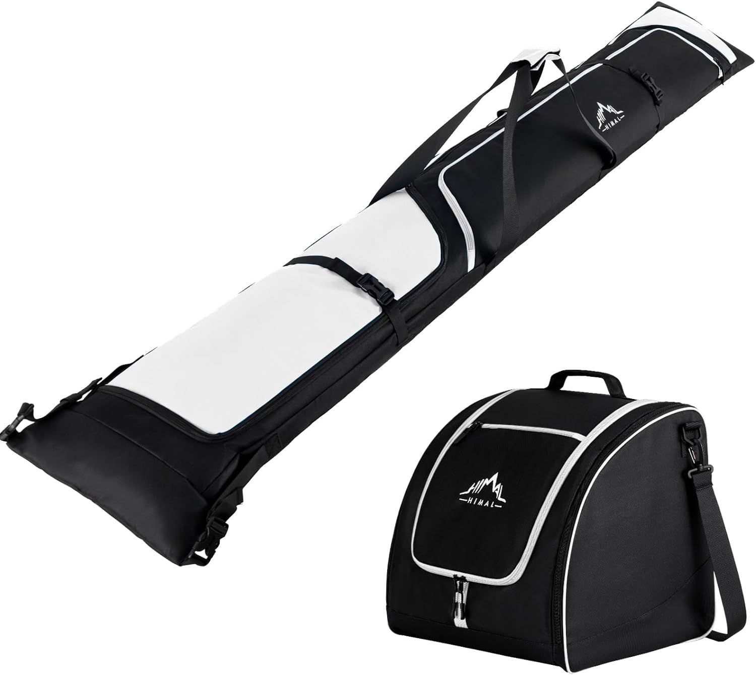 Shows the complete ski or snowboard gear storage solution, displaying both the long equipment bag and the boot/accessory bag to communicate the full product…