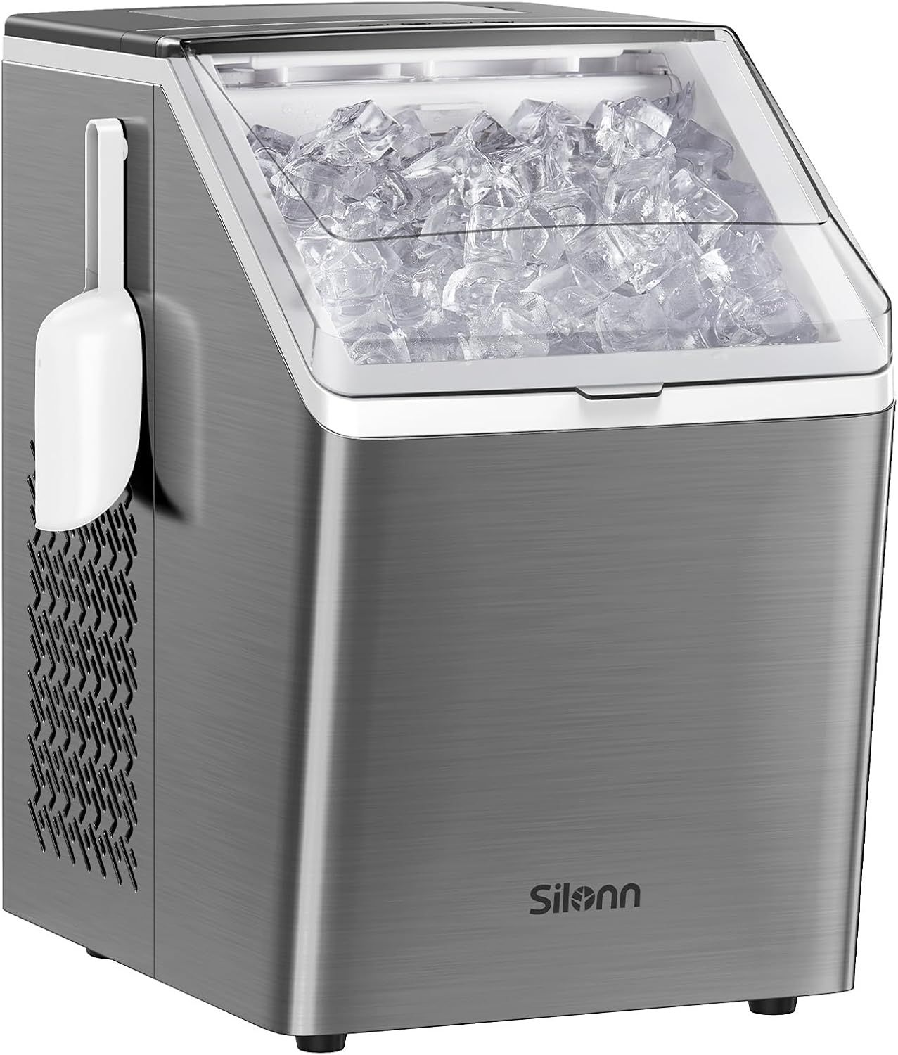 Shows the core product, a countertop ice maker with a clear lid displaying ice cubes inside, to communicate its function and design. The included ice scoop accessory demonstrates convenience and…