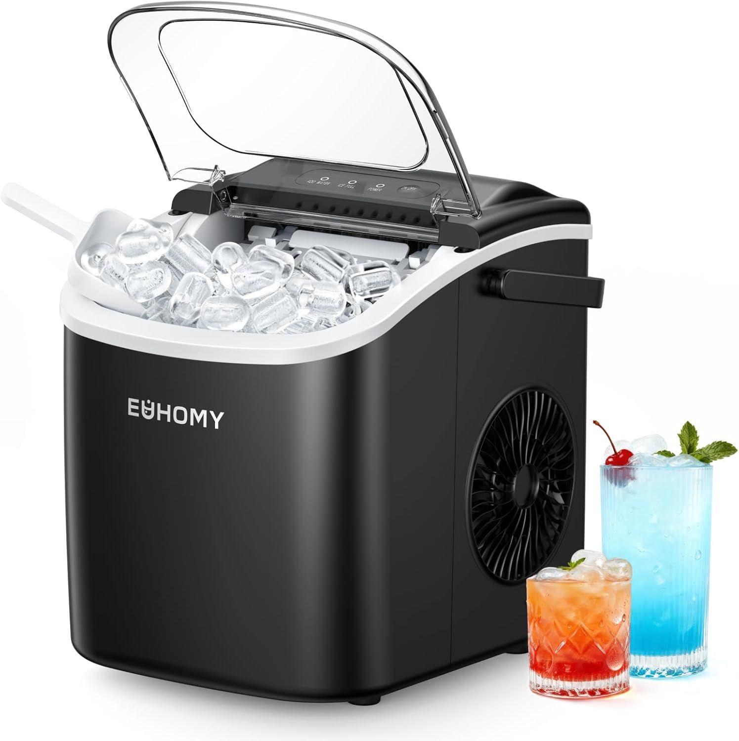 Shows the core product, an ice maker machine, with its lid open to display freshly made ice inside, communicating its primary function and ease of use for making ice at home. Includes decorative…