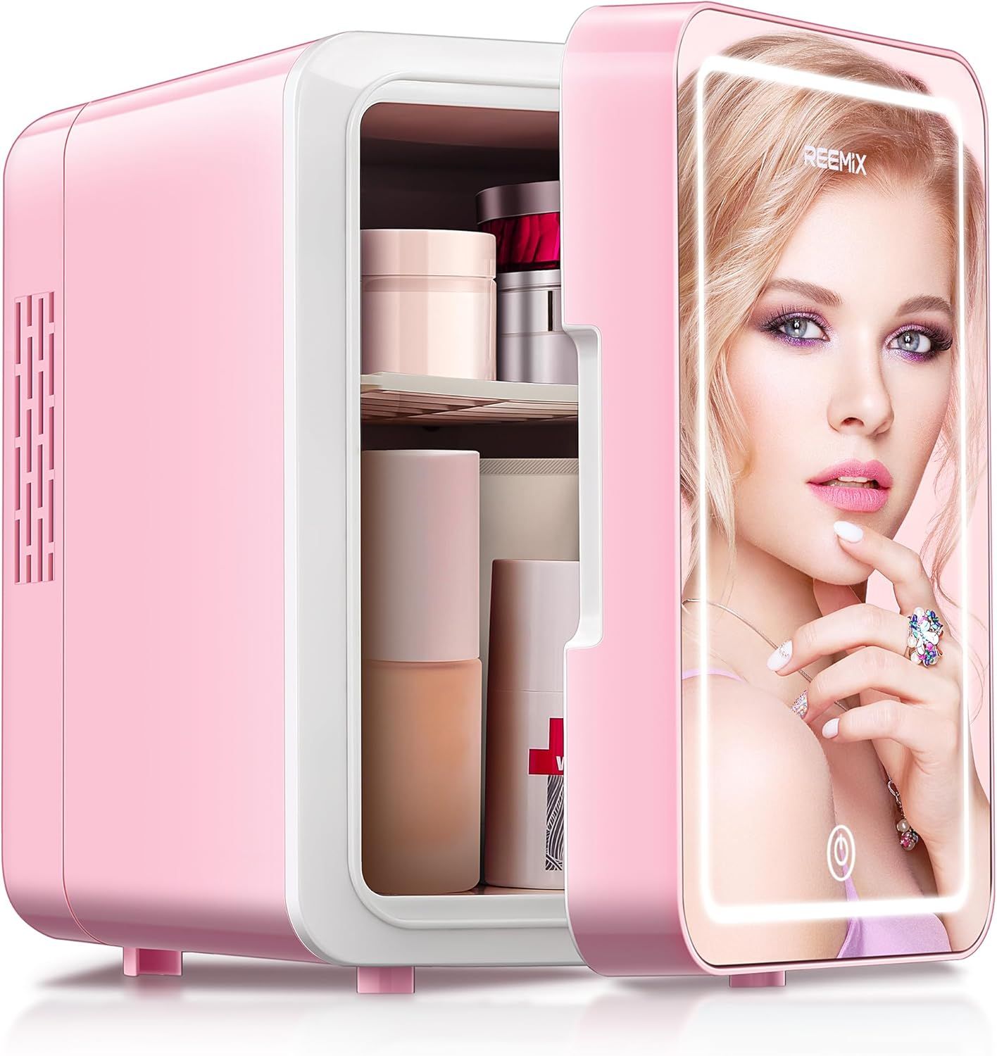 Displays the core product, a compact beauty refrigerator with an integrated mirror, showing its storage capacity for cosmetics and skincare products to communicate its functionality and aesthetic…