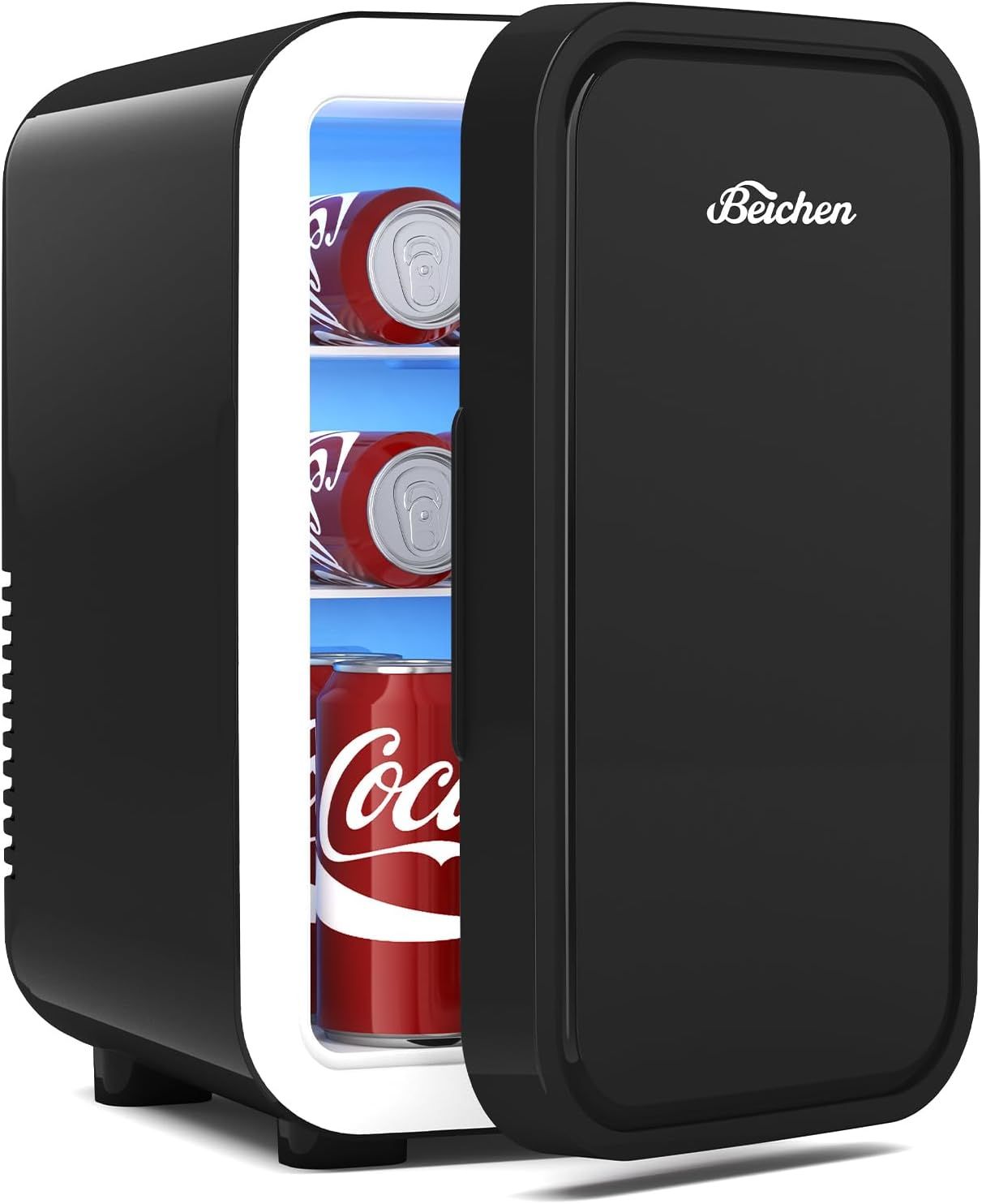 Shows the core product, a compact mini fridge by Beichen, with the door open to demonstrate its interior capacity and ability to hold beverage cans, reassuring shoppers about its functionality and…