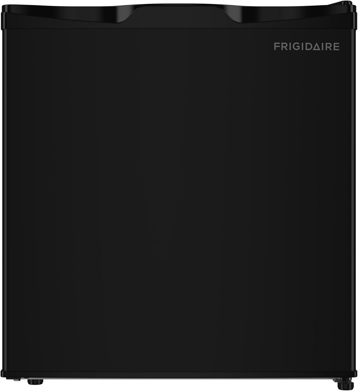 Shows the core product, a Frigidaire compact mini refrigerator in black, allowing shoppers to see the overall design, size, and brand.