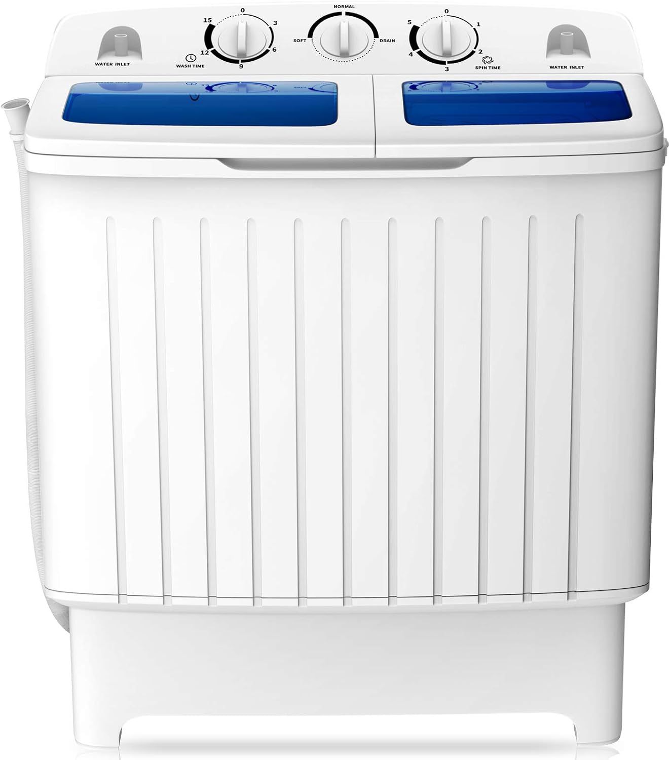 Displays the core product clearly on a white background, showing the twin-tub design with separate wash and spin compartments, control dials, and water inlets to help shoppers understand the…
