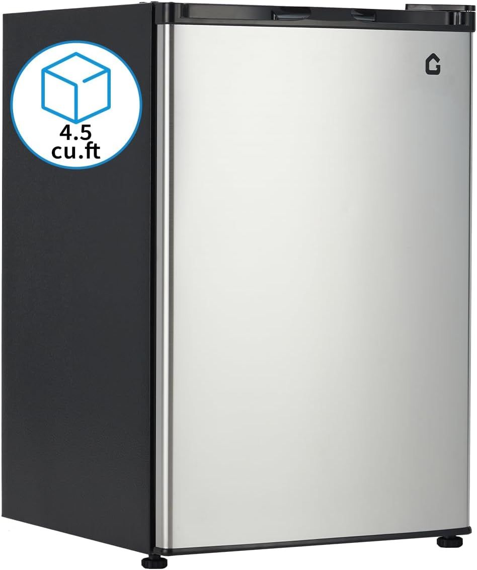 Shows the core product, a compact mini refrigerator with stainless steel finish, to communicate its size and design to shoppers looking for space-saving refrigeration solutions. Displays a graphic…