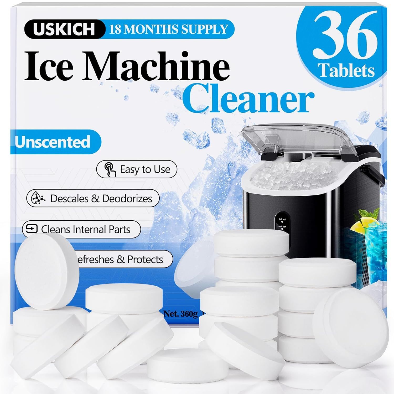 Shows the core product—ice machine cleaner tablets in their retail packaging—to communicate what the shopper is purchasing and the quantity included. Displays the retail packaging with key product…