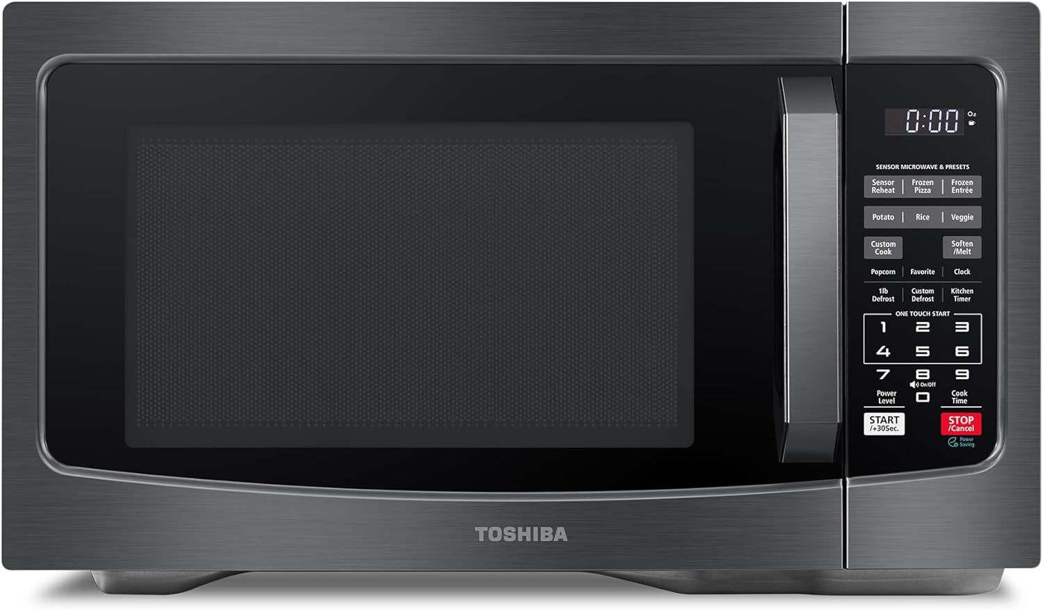 Displays the Toshiba microwave clearly showing its design, digital display, and comprehensive control panel with sensor cooking and preset options to help…