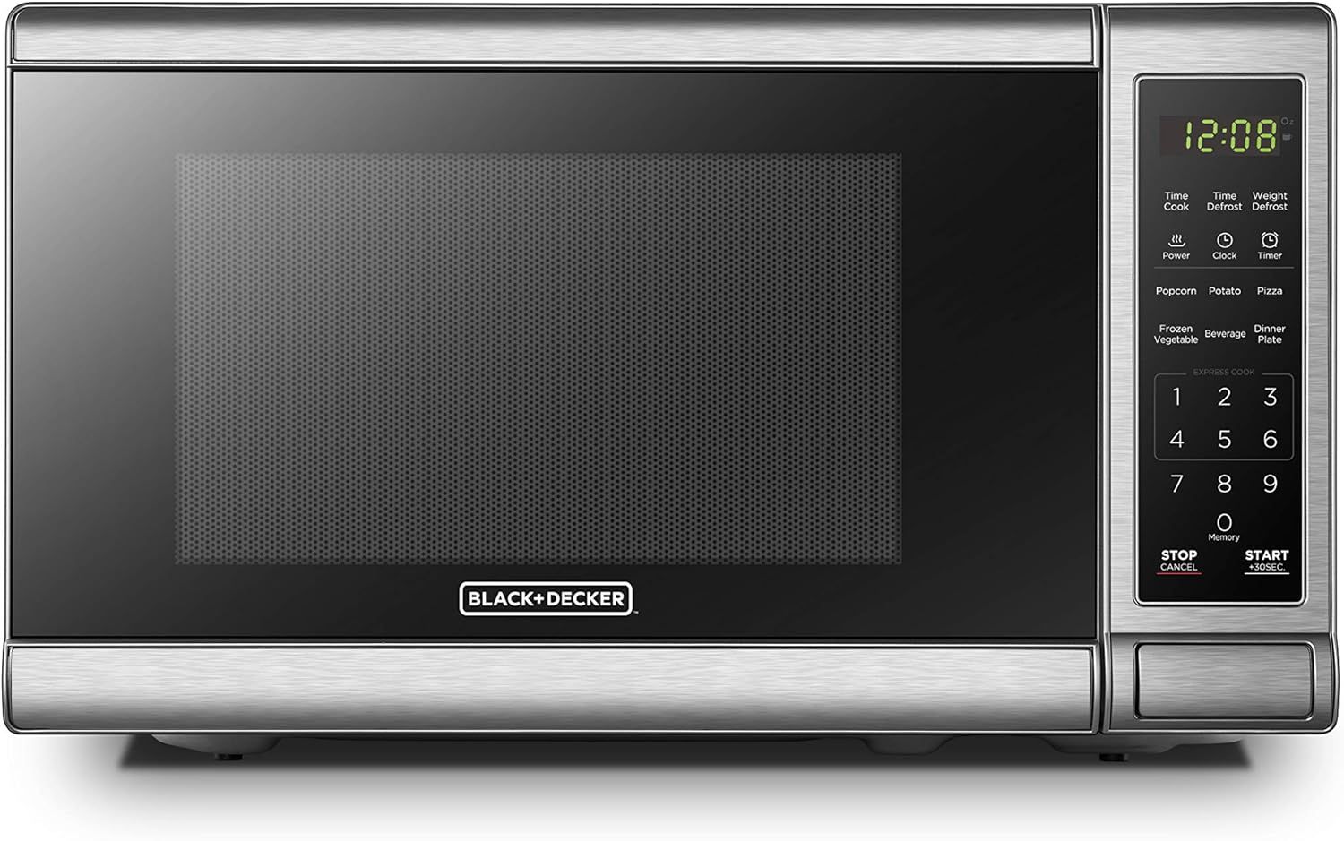 Shows the microwave's clean catalog appearance with visible digital display and control panel to communicate its features and modern design to shoppers. Uses a subtle drop shadow beneath the…