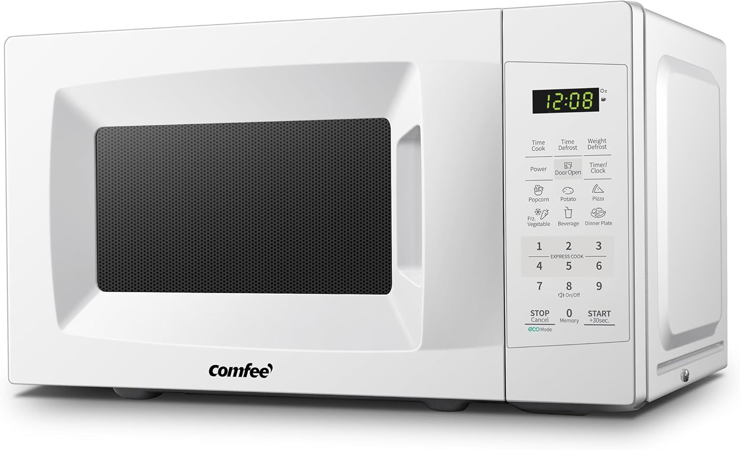 Displays the core product, a white Comfee microwave, clearly showing its design, control panel with preset functions, and digital display to help shoppers…