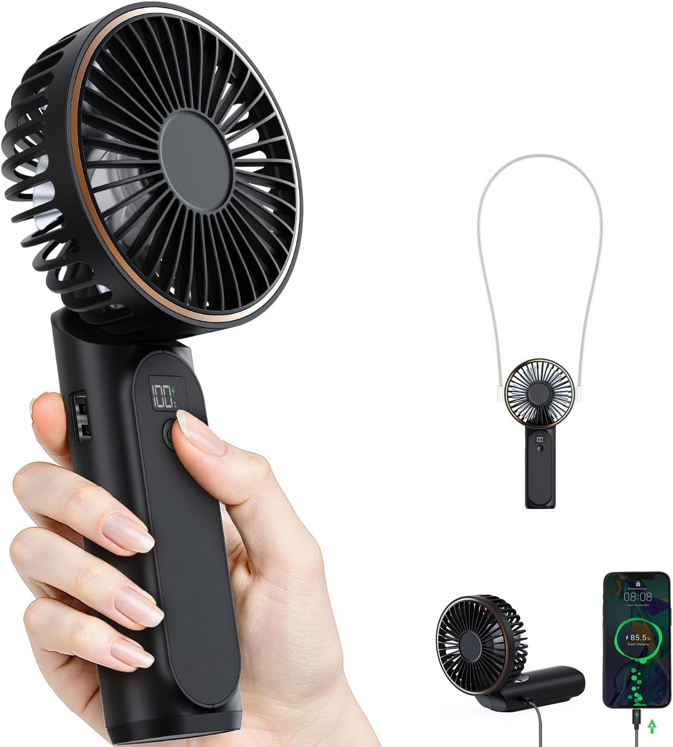 Shows the core product—a handheld portable fan—in multiple views and configurations to communicate its versatility and portability for on-the-go cooling.…