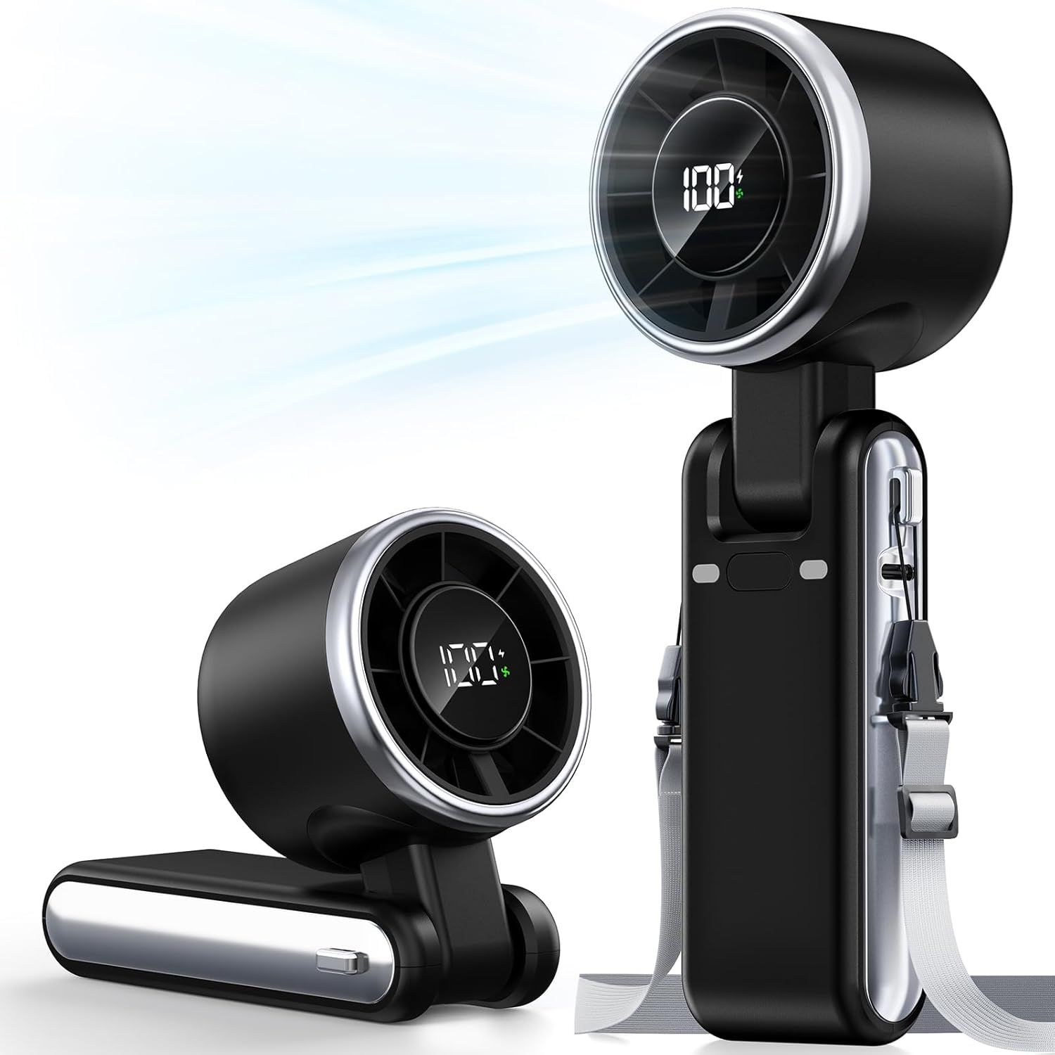 Shows the core product—a portable clip-on fan with digital temperature display—in two configurations to communicate its versatility and key features. Demonstrates the fan actively blowing air and…