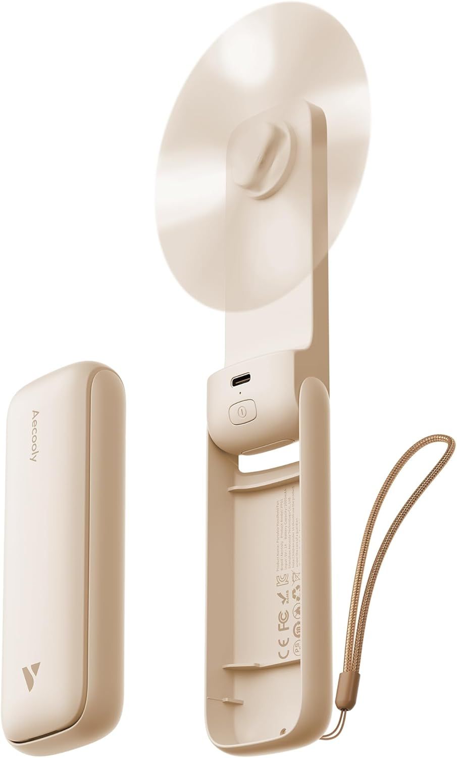 Shows the core product - a portable handheld fan with its charging case and wrist strap - to communicate what the buyer will receive and demonstrate its…