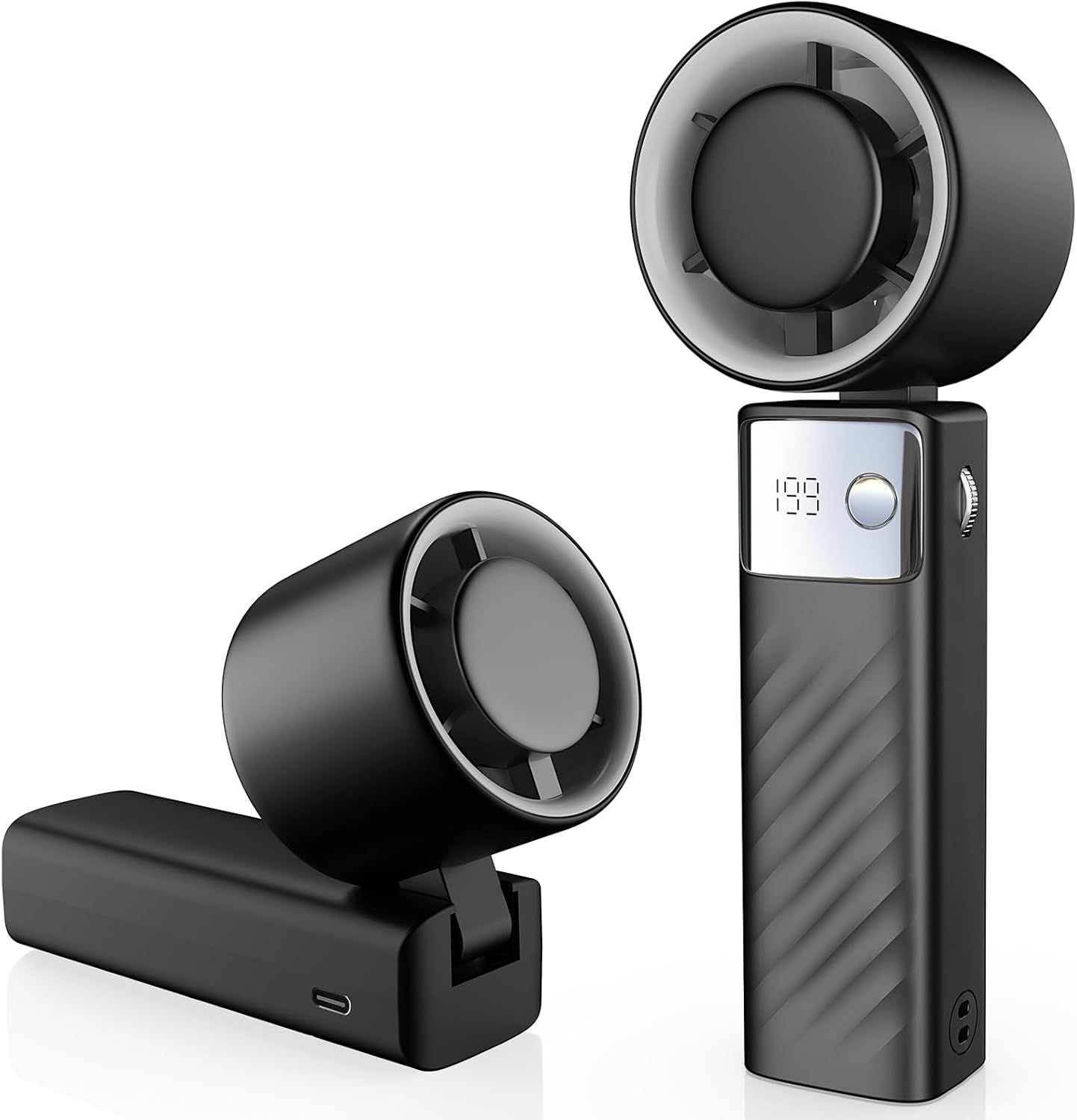 Shows the core product in a clean catalog presentation to communicate its modern bladeless fan design, digital controls, and compact handheld format with…