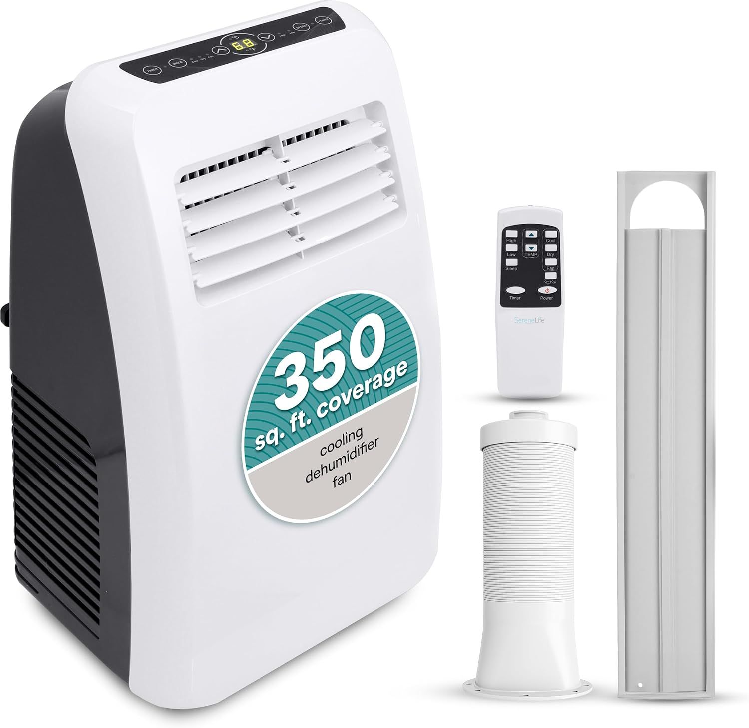 Shows the core portable air conditioner unit with its control panel and vents, communicating the main product being sold. Displays all included accessories that come with the air conditioner to show…