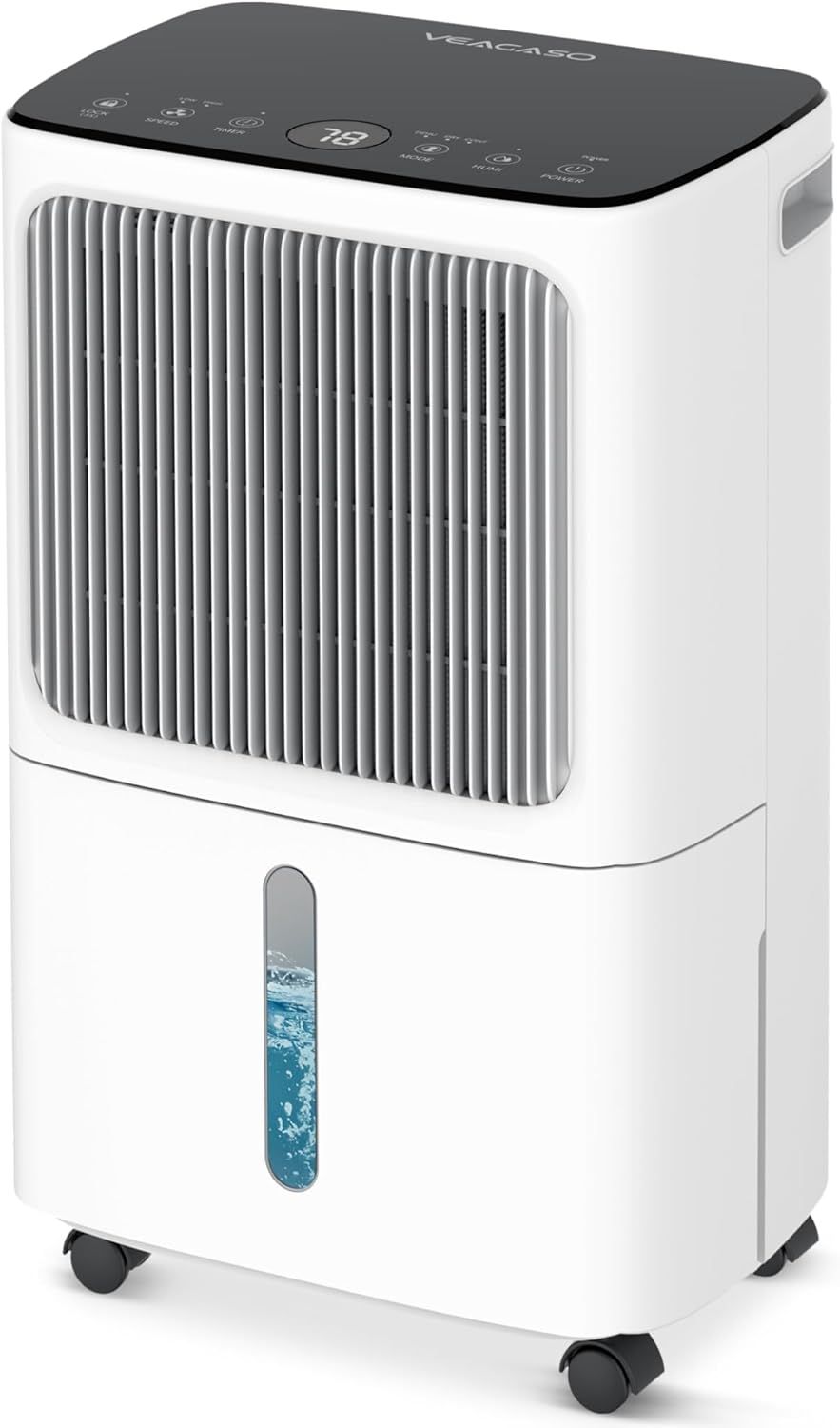 Shows the core dehumidifier product with its key features including the transparent water level window, digital control panel, and mobility wheels to…