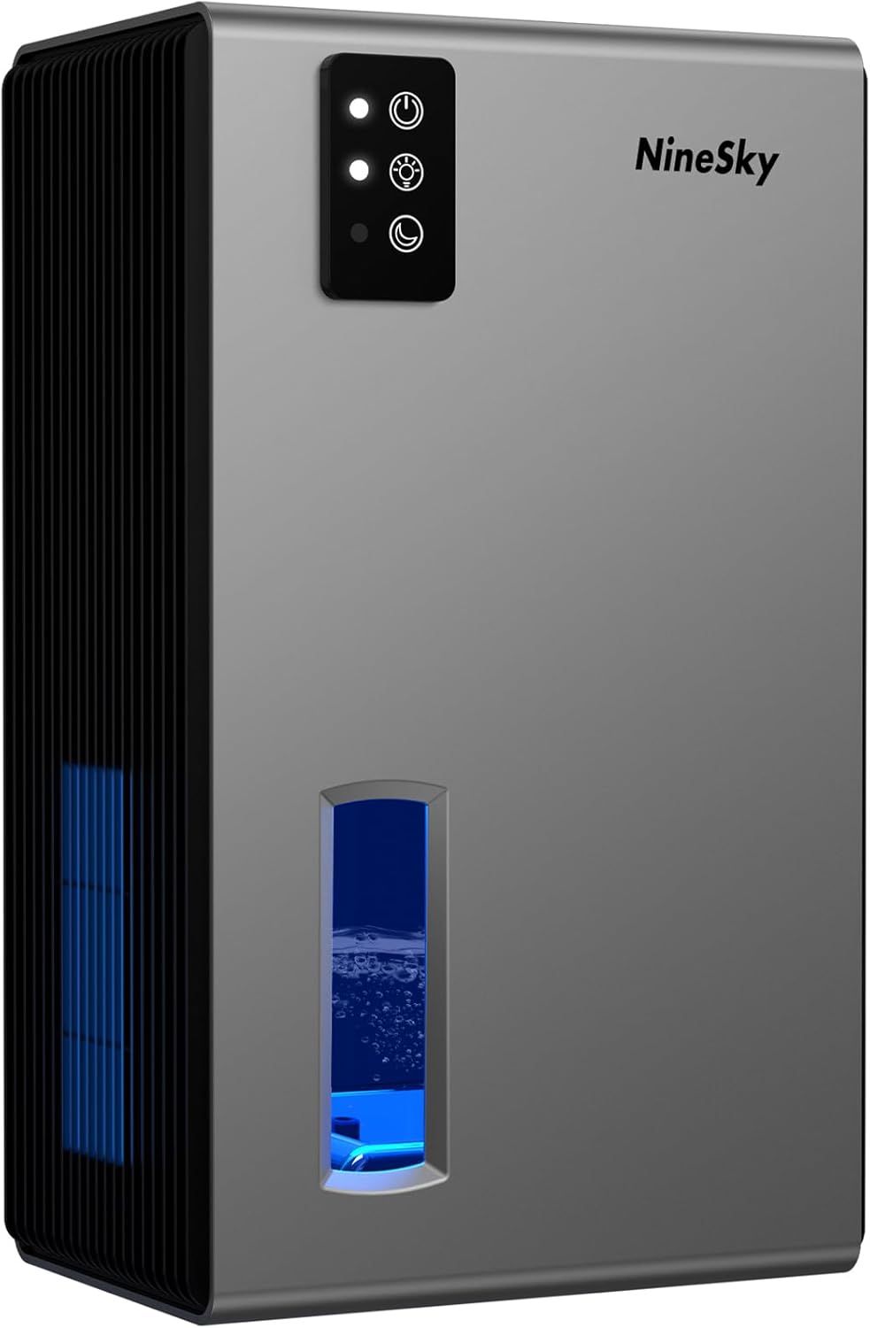 Shows the core humidifier product with its key design features including the transparent water level window with blue LED lighting, control buttons, and…