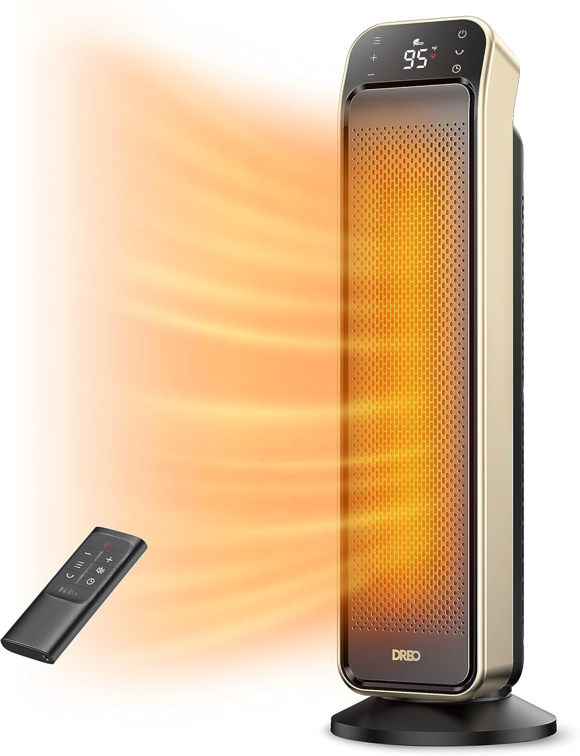 Shows the core space heater product with its digital temperature display and included remote control to communicate the complete offering and ease of use. Demonstrates the heater actively producing…