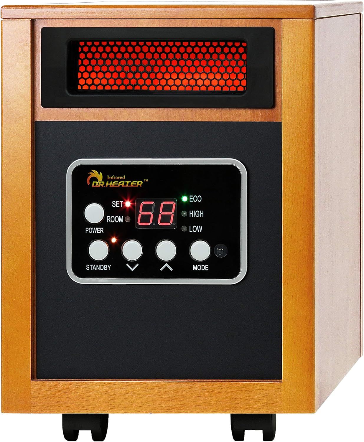 Shows the core infrared heater product with its digital control panel and heating element clearly visible, allowing shoppers to see the product design and key…