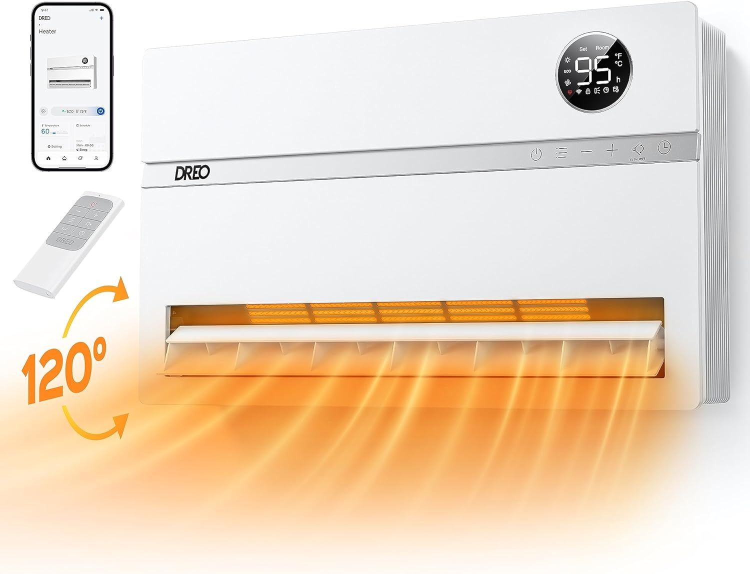 Demonstrates the air conditioner's wide-angle heating capability with 120-degree airflow distribution, showing how the unit effectively disperses warm air throughout the room. Shows the included…