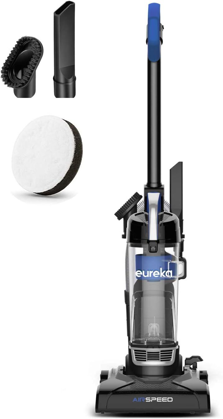 Displays the core Eureka AirSpeed upright vacuum cleaner clearly on a white background, allowing shoppers to see the product design, branding, and overall appearance. Shows the additional cleaning…
