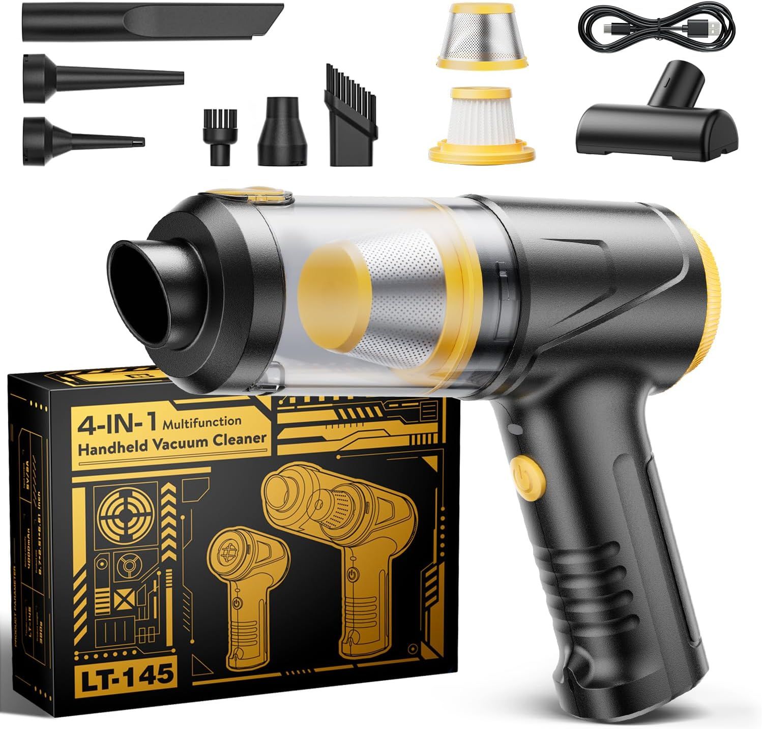 Displays the core product (handheld vacuum) along with all included accessories and attachments to show the shopper exactly what they will receive in the purchase. Showcases the comprehensive set of…