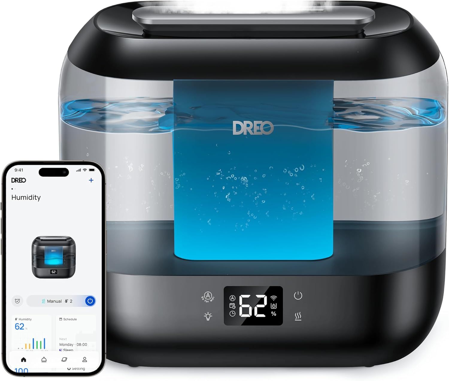 Demonstrates the humidifier actively operating with visible water and mist generation, smart app connectivity for remote control, and real-time humidity monitoring to reassure shoppers of its…