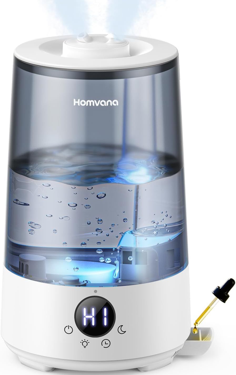 Shows the core humidifier product with its transparent water reservoir and digital controls, allowing shoppers to see the product design and key features like the visible water level and control…