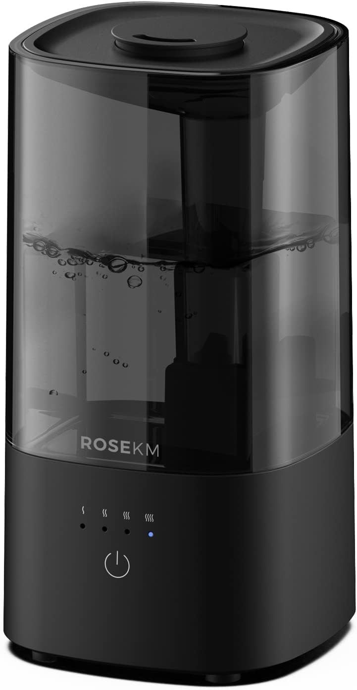 Shows the humidifier with its transparent water reservoir and visible water level to communicate capacity and ease of monitoring. The control panel with mist…