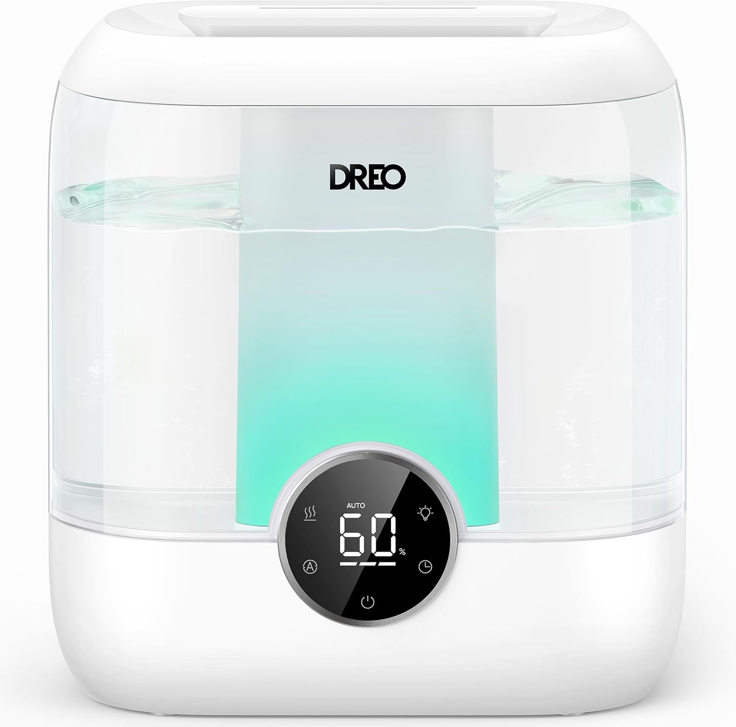 Shows the core humidifier product with its key features including the digital humidity display, transparent water reservoir, and ambient LED lighting to…