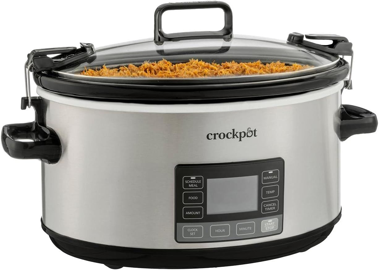 Shows the Crockpot slow cooker as the core product with food inside to demonstrate its cooking capability and help shoppers understand what they are purchasing. Demonstrates the product actively…