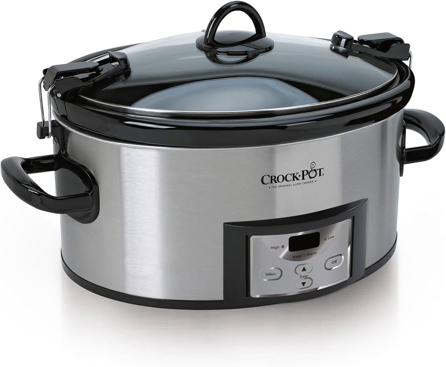 Displays the Crock-Pot slow cooker as the core product with clear visibility of its stainless steel body, digital control panel, locking lid mechanism, and…