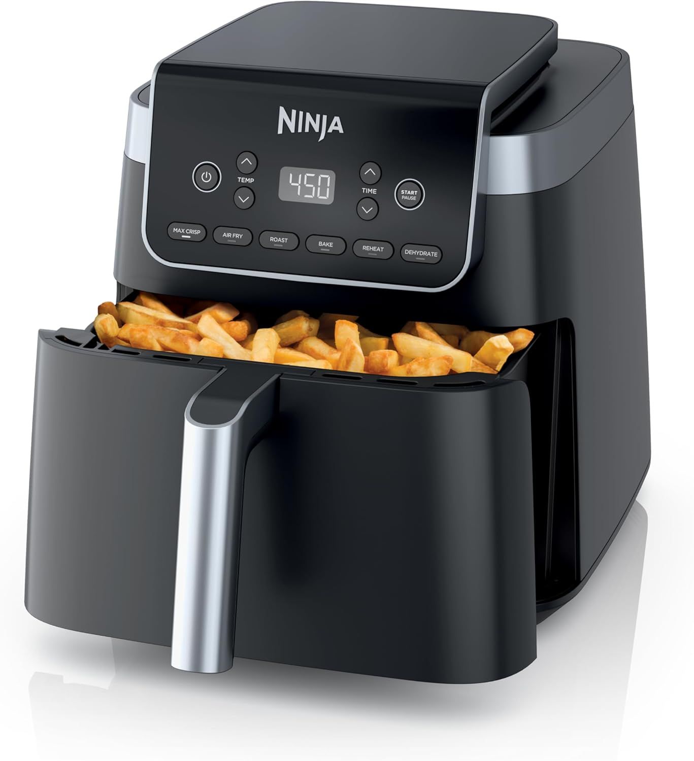 Shows the air fryer actively in use with cooked french fries in the pulled-out basket, demonstrating the product's cooking function and the type of food it can prepare to help shoppers visualize…