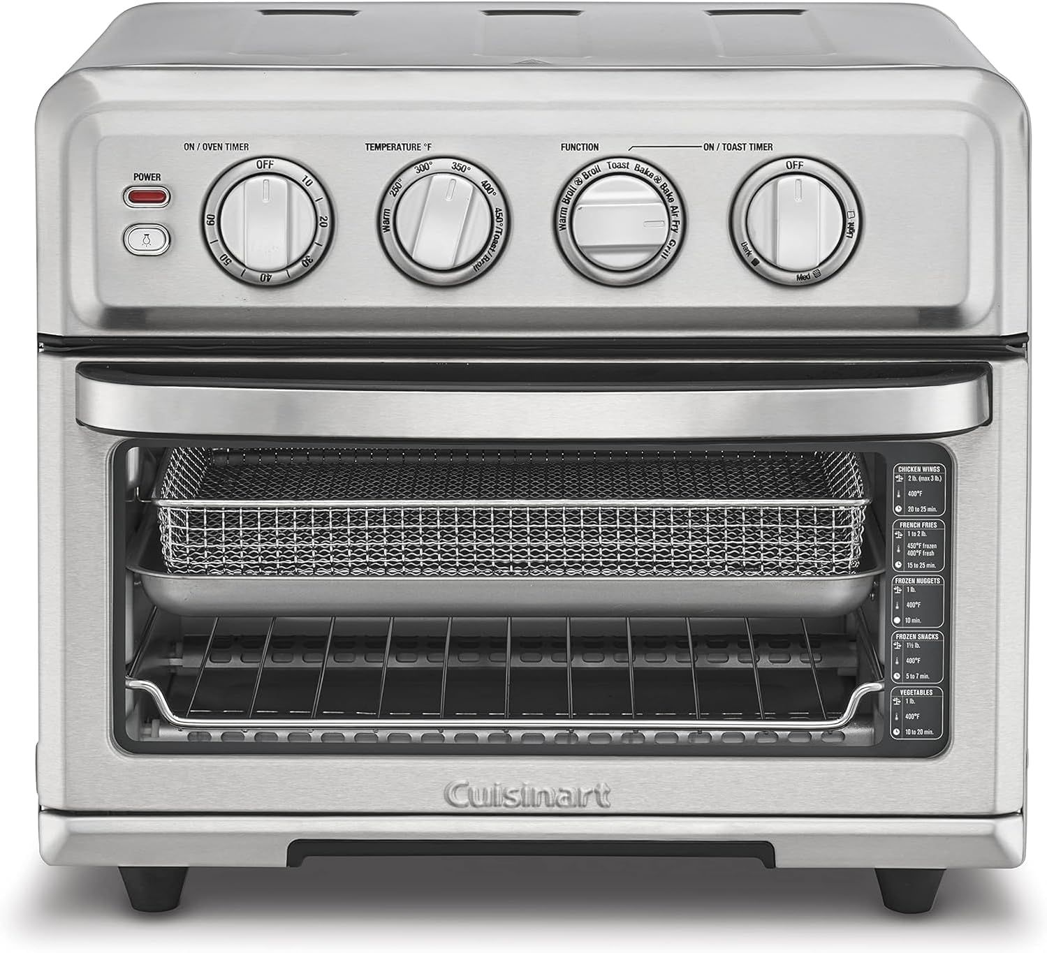 Displays the core product—a Cuisinart air fryer toaster oven—with its door open to show the interior capacity, included racks and basket, and control panel…