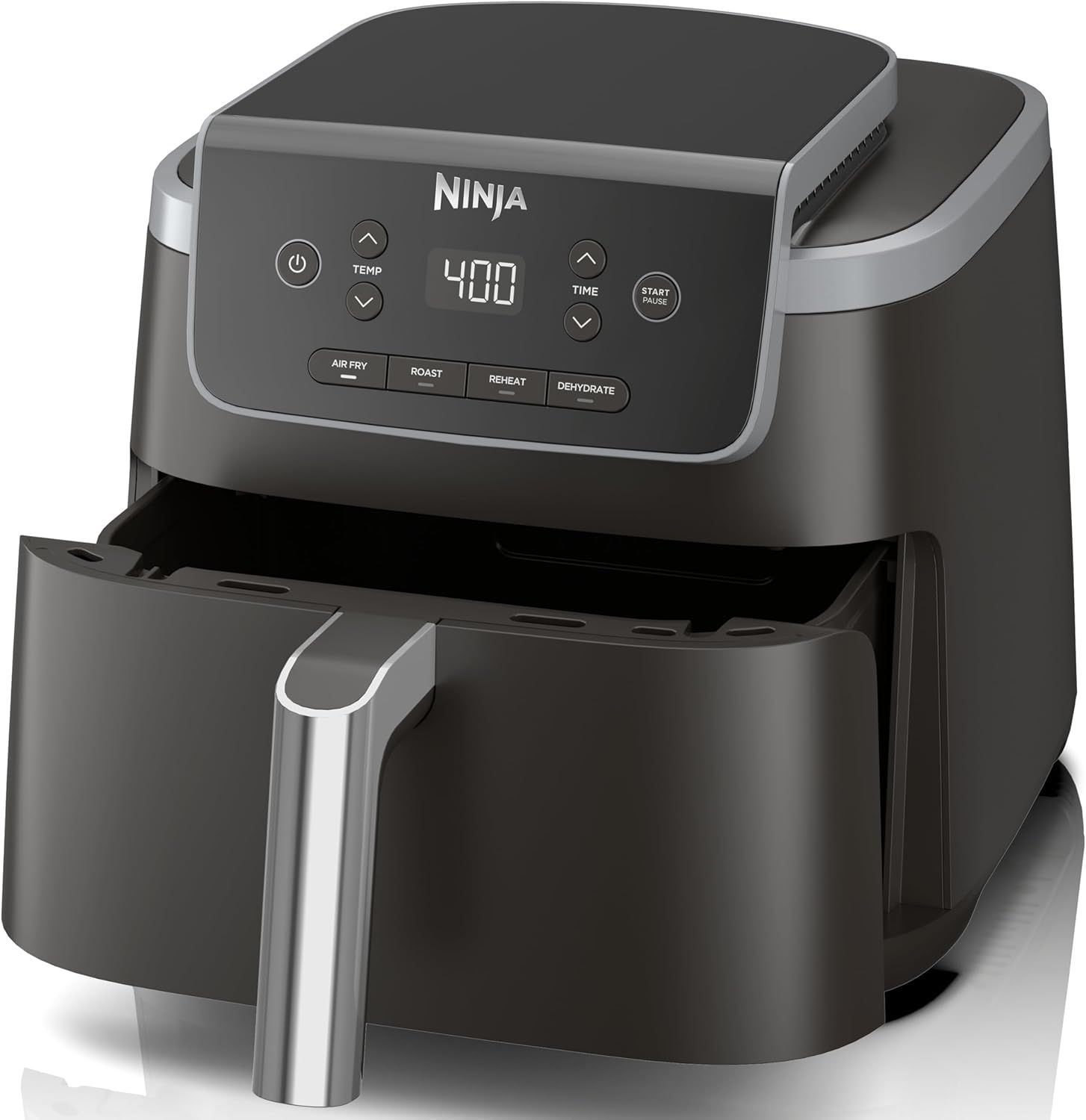 Displays the Ninja air fryer as the core product with its digital interface and accessible basket drawer, communicating ease of use and versatility to…