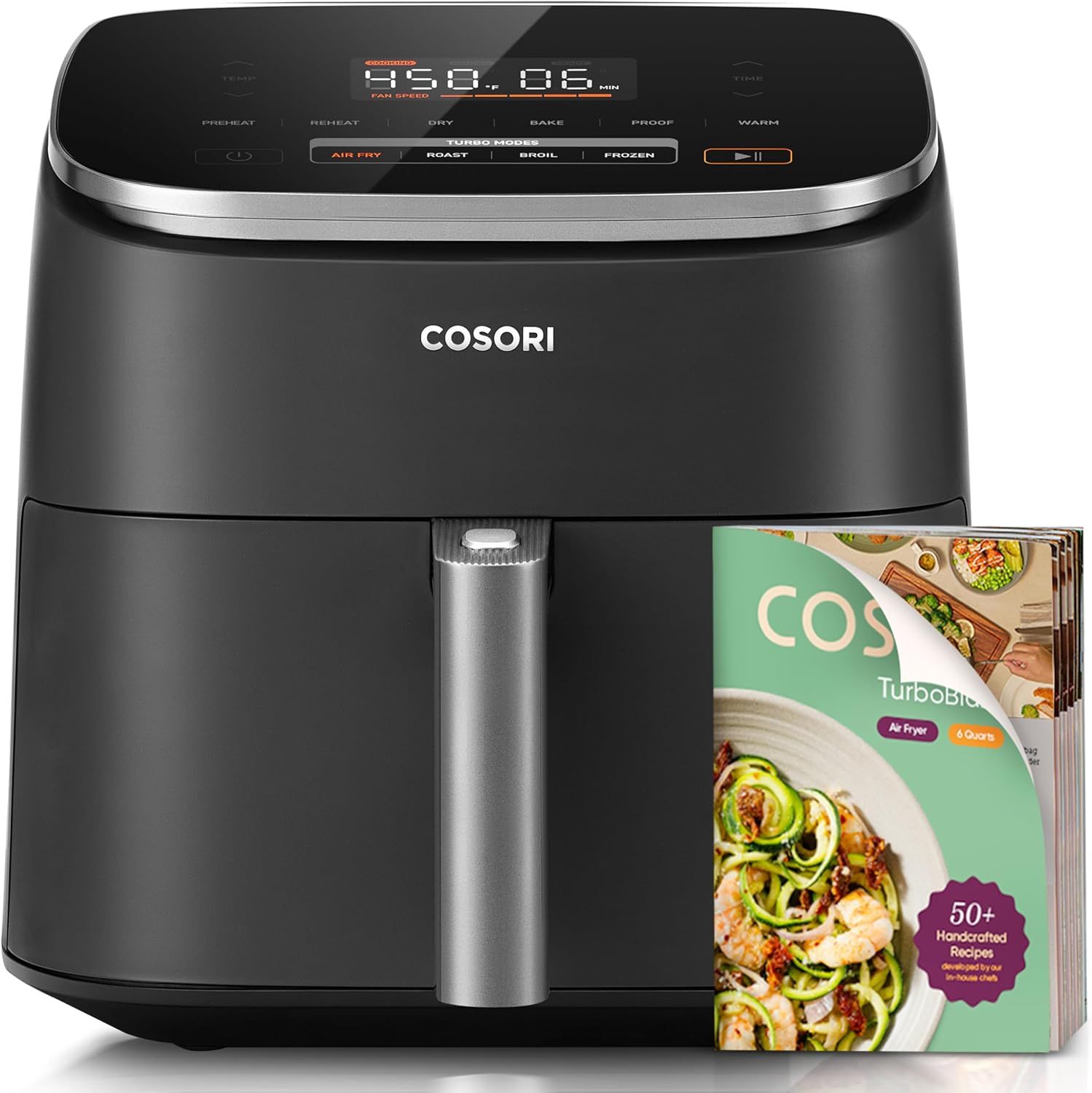 Shows the COSORI air fryer as the core product with its digital display and control panel clearly visible, communicating its modern design and functionality to shoppers. Demonstrates that the air…