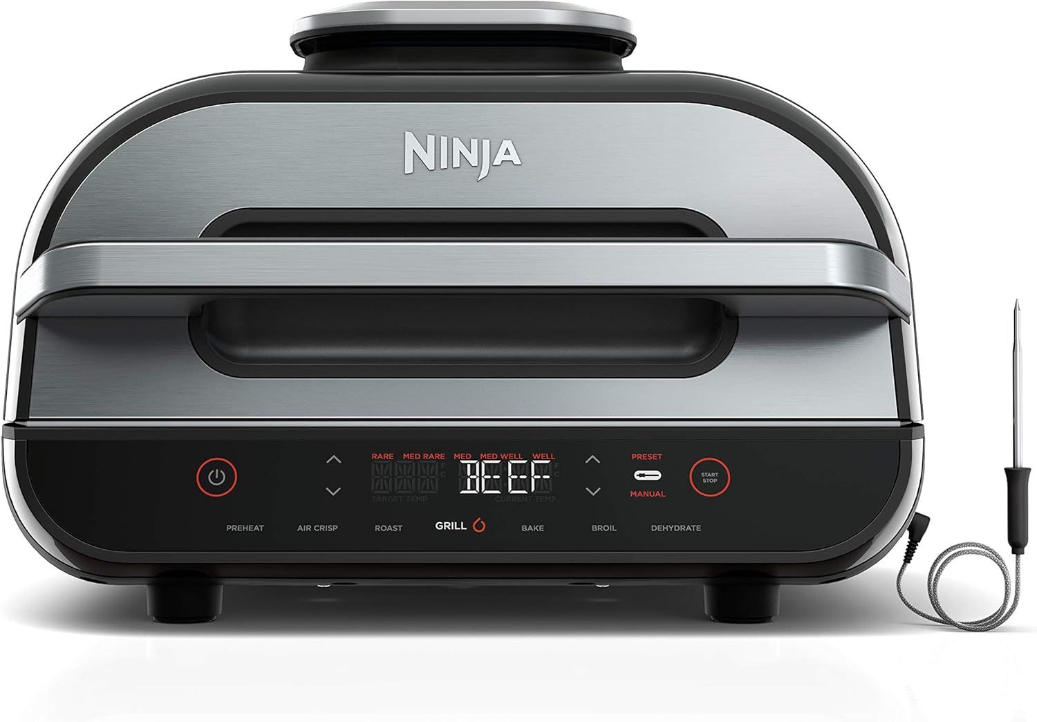Displays the Ninja indoor grill as the core product with clear visibility of its design, control panel, and included temperature probe to communicate its…