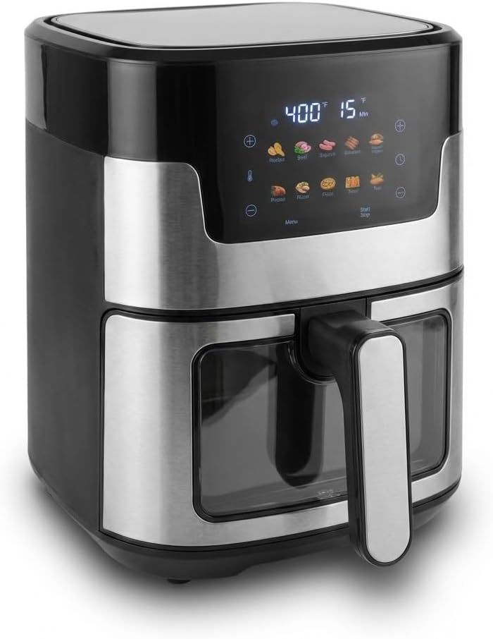 Displays the core product clearly to show its modern design, digital control panel with preset cooking icons, and transparent basket drawer, helping shoppers…