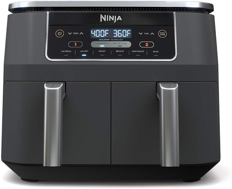 Displays the Ninja air fryer with its dual-zone technology and digital interface to show shoppers the core product features and premium design.