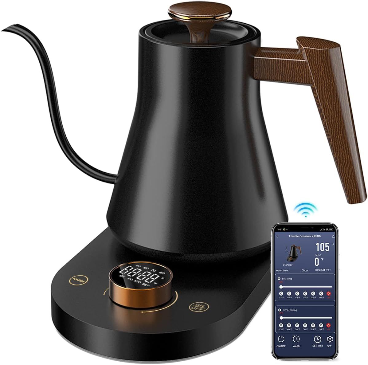 Shows the electric kettle with its smart base and mobile app interface to communicate that this is a WiFi-enabled, app-controlled kettle that allows precise temperature control and monitoring.…