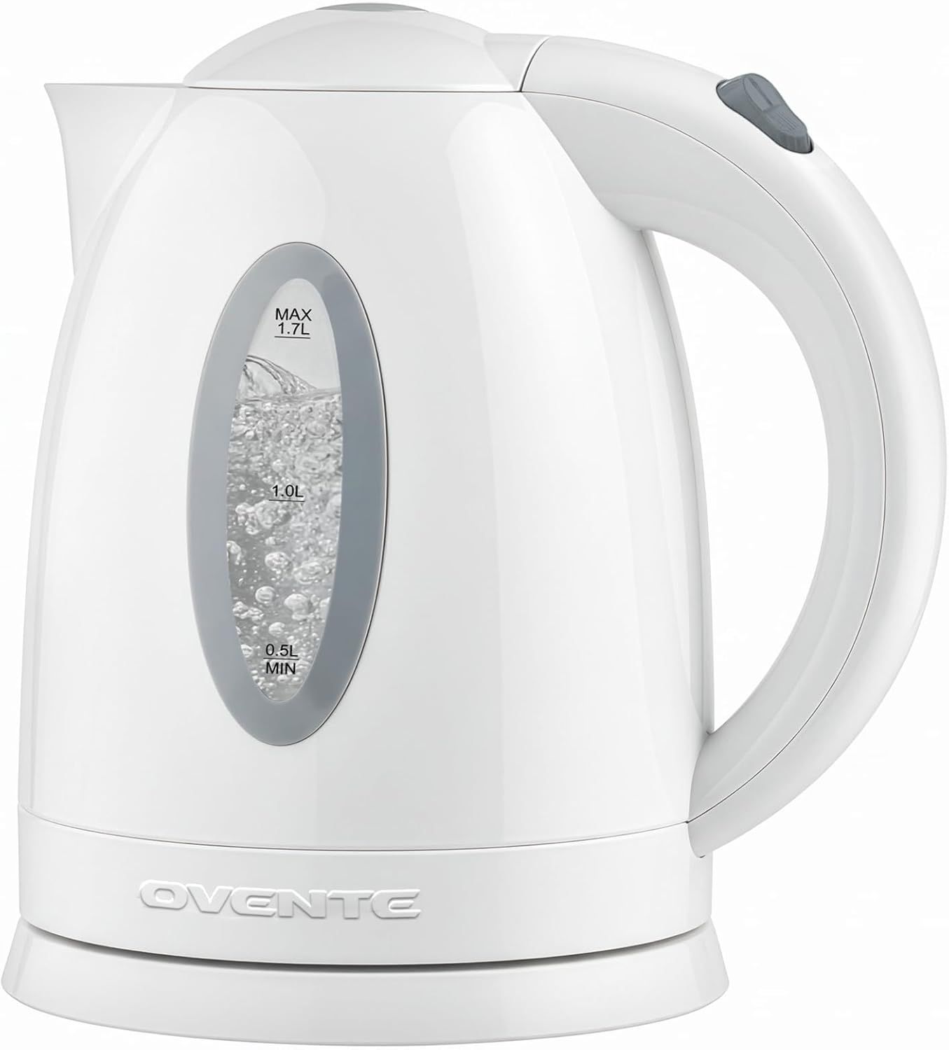 Shows the electric kettle with a transparent water level window displaying boiling water and measurement markings, helping shoppers understand the capacity…