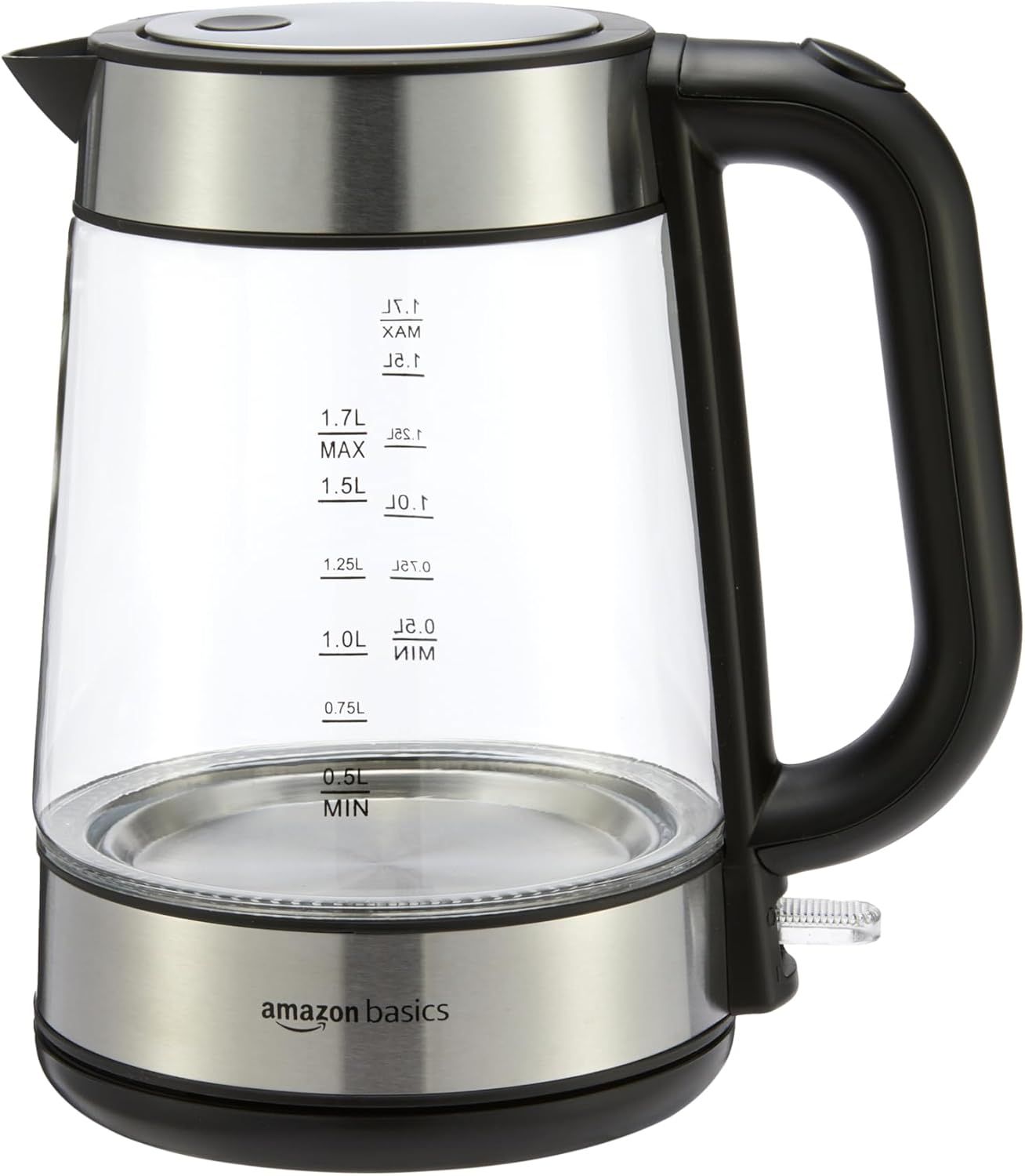 Displays the core product clearly on a white background, showing the glass kettle with visible capacity markings and stainless steel accents to communicate…