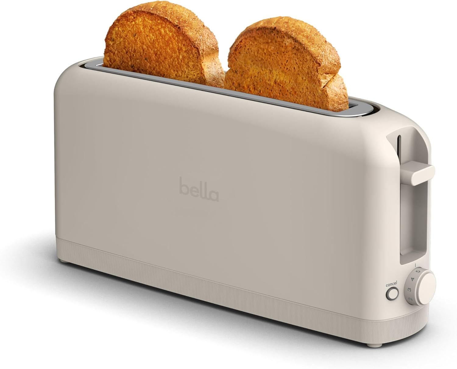 Shows the core product, a 4-slice toaster with toasted bread, demonstrating its function and capacity to reassure shoppers about its practical use and size. Demonstrates the toaster actively…
