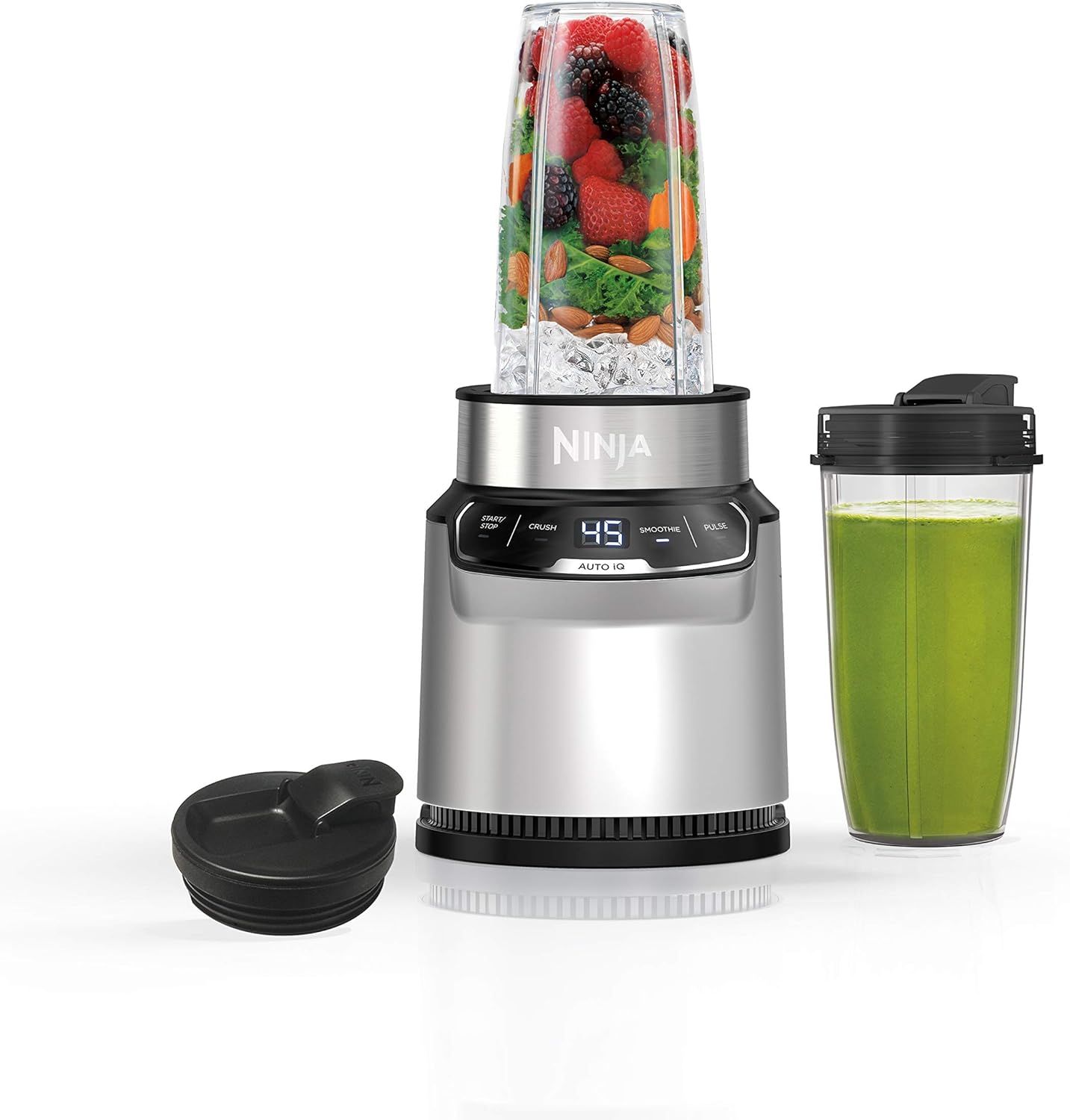 Displays the Ninja blender system with all included components to show shoppers the complete set they will receive, including the base unit, blending cups, and lids. Highlights the included…