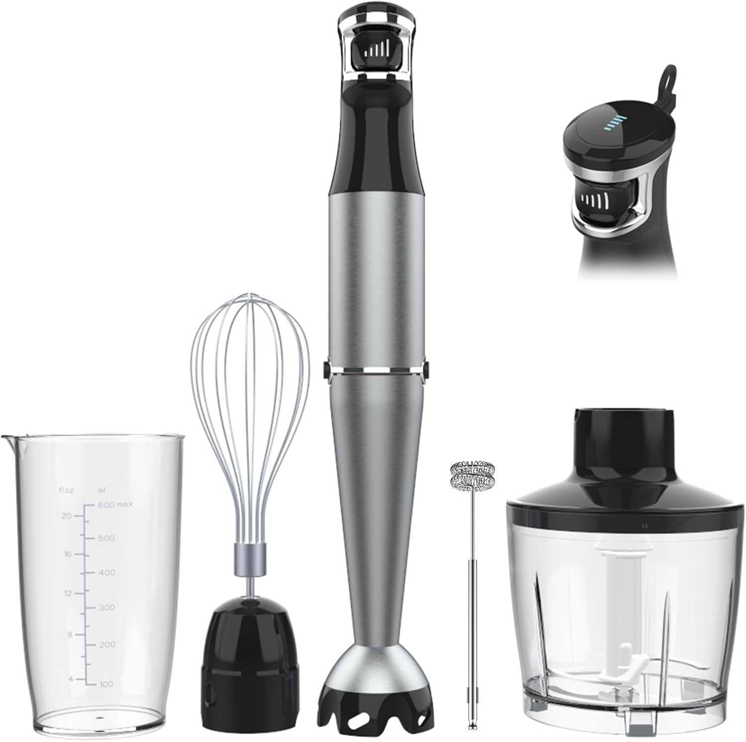 Displays the core immersion blender product along with all included attachments and accessories to show the complete set the buyer will receive. Shows all the included accessories and attachments…