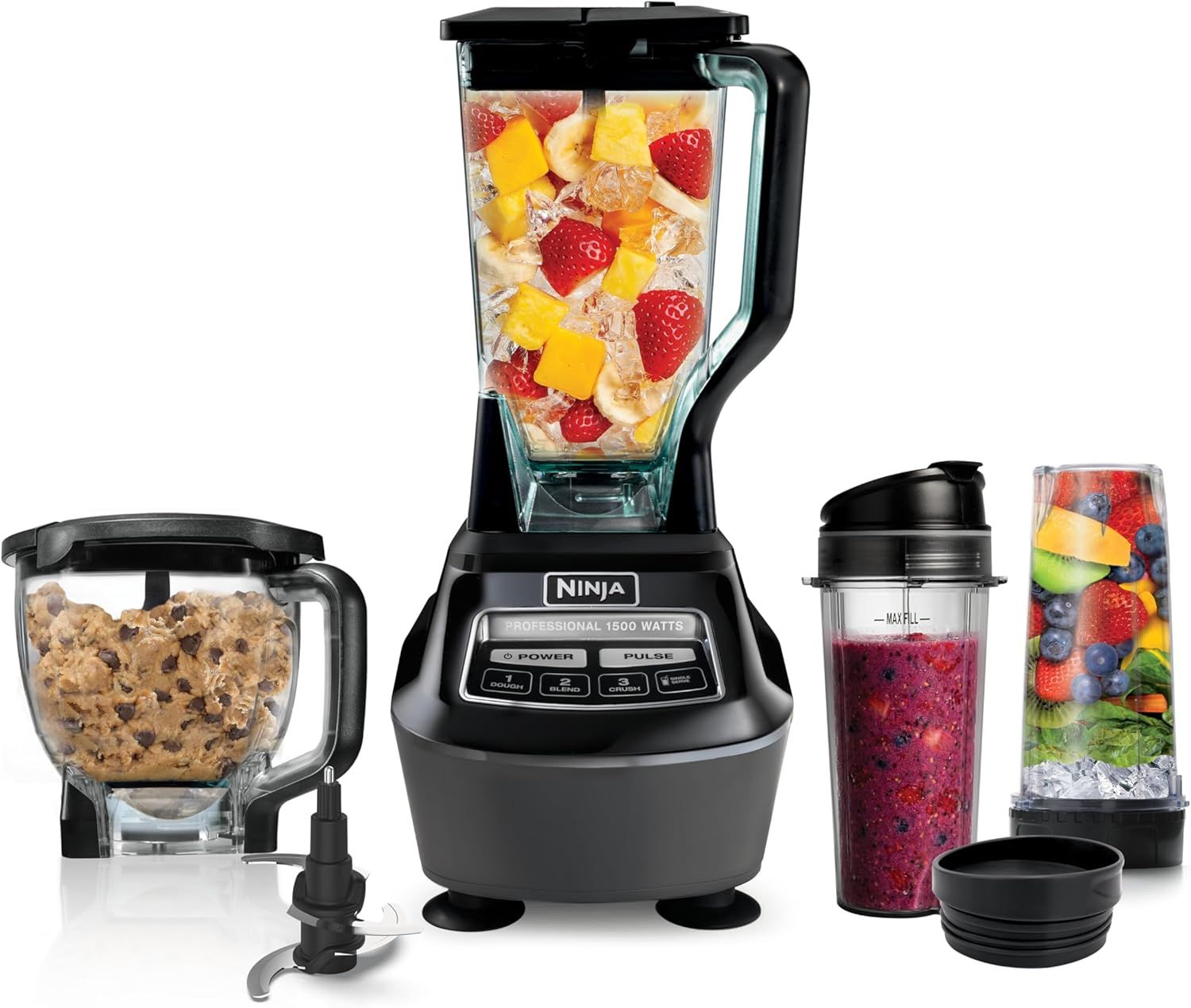 Shows the complete Ninja blender system with multiple containers and attachments to communicate versatility and value, demonstrating that the product can handle various blending tasks from smoothies…
