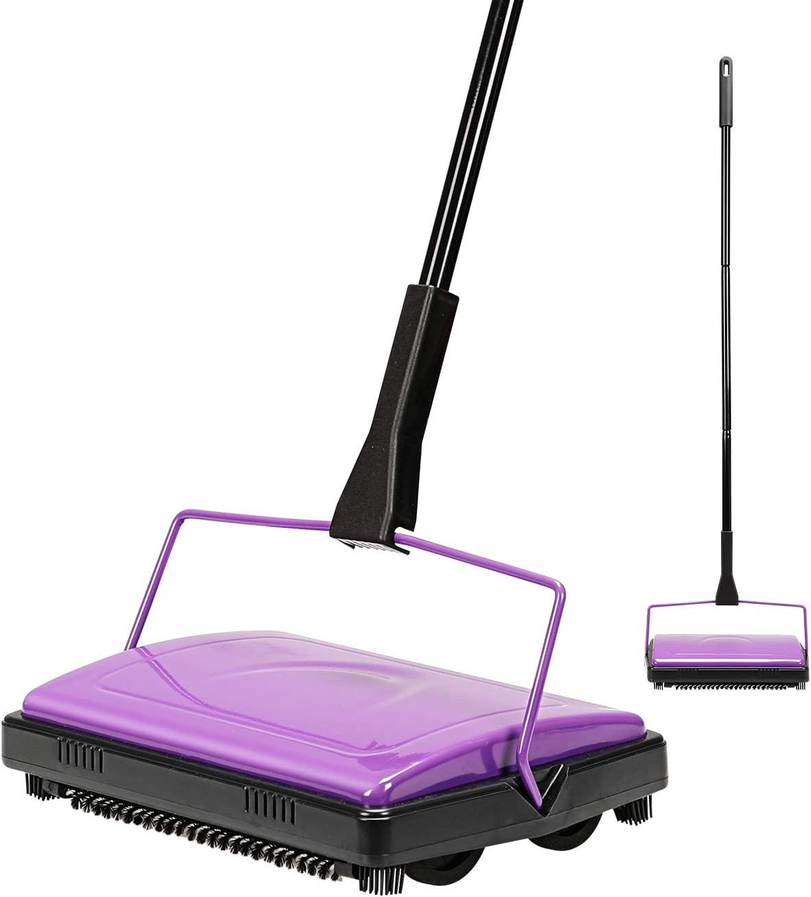 Displays the core product clearly on a white background to show the manual floor sweeper's design, purple color, and key components including the sweeping head, handle, and wheels. Demonstrates the…