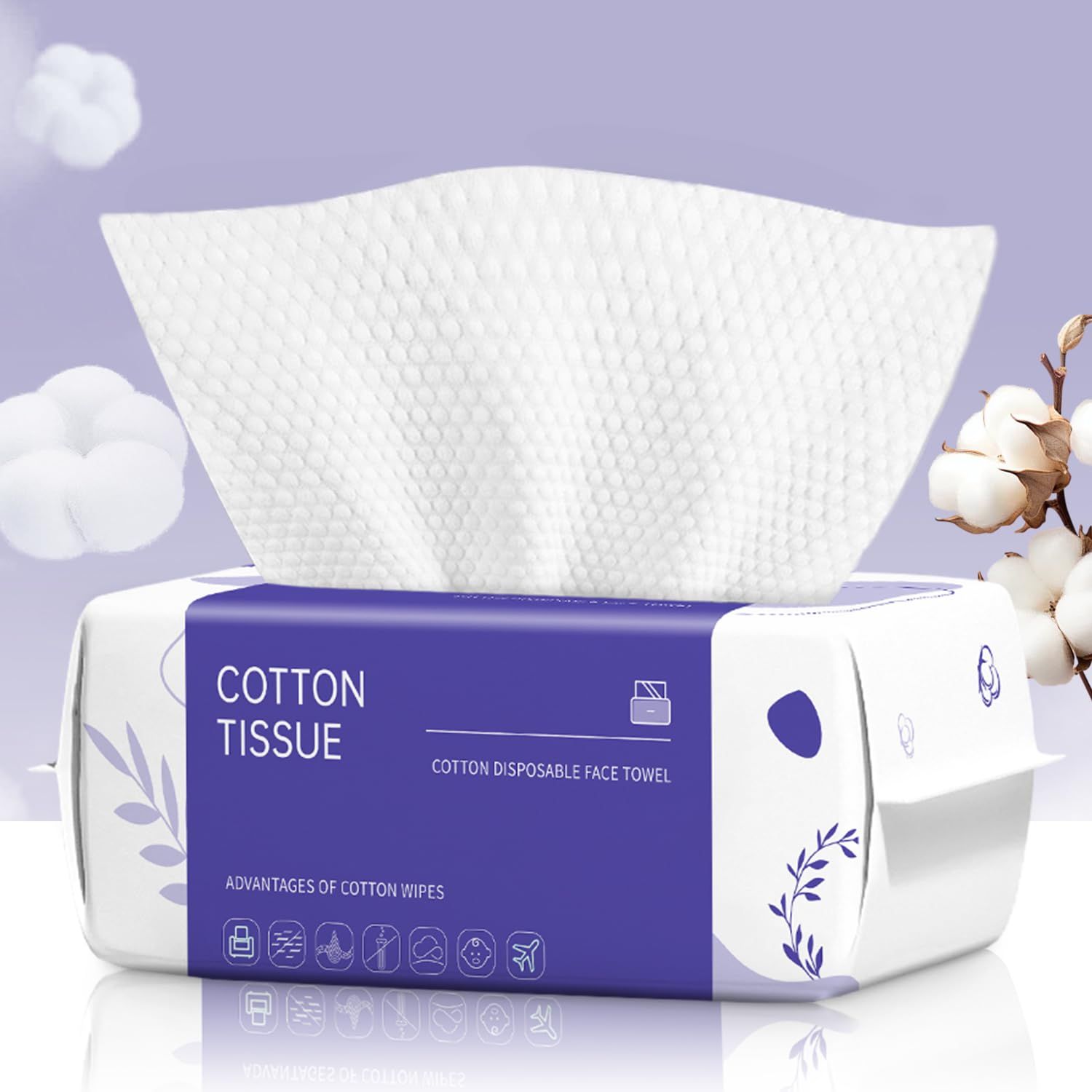 Displays the core product—a box of cotton disposable face towels—with one towel pulled out to show the textured material and convenient dispensing format.…