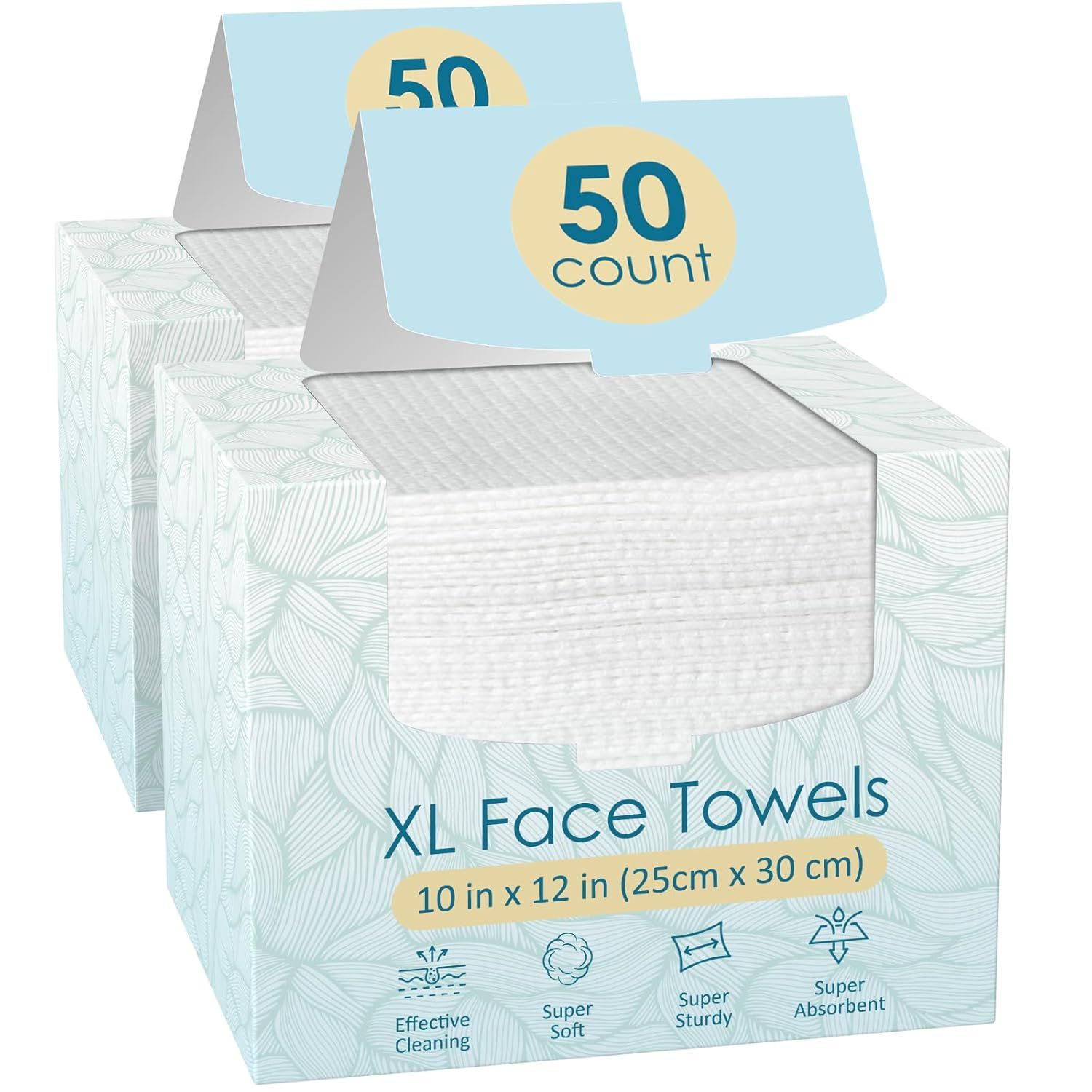 Shows the core product packaging for XL face towels in a 50-count multi-pack, clearly displaying the quantity and product type to help shoppers understand…