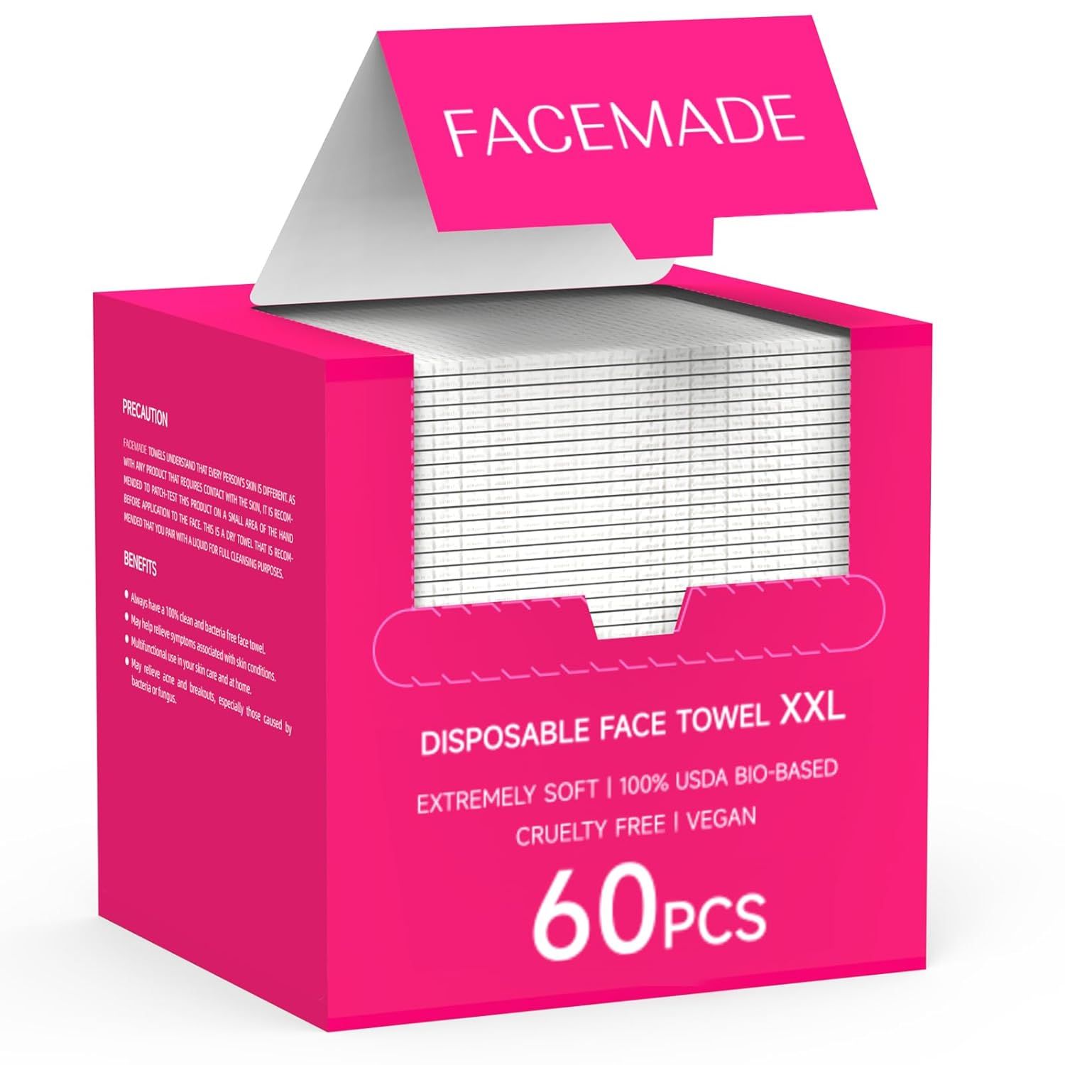 Shows the core product packaging and contents to communicate what the shopper will receive: a box of 60 disposable face towels with key product attributes…