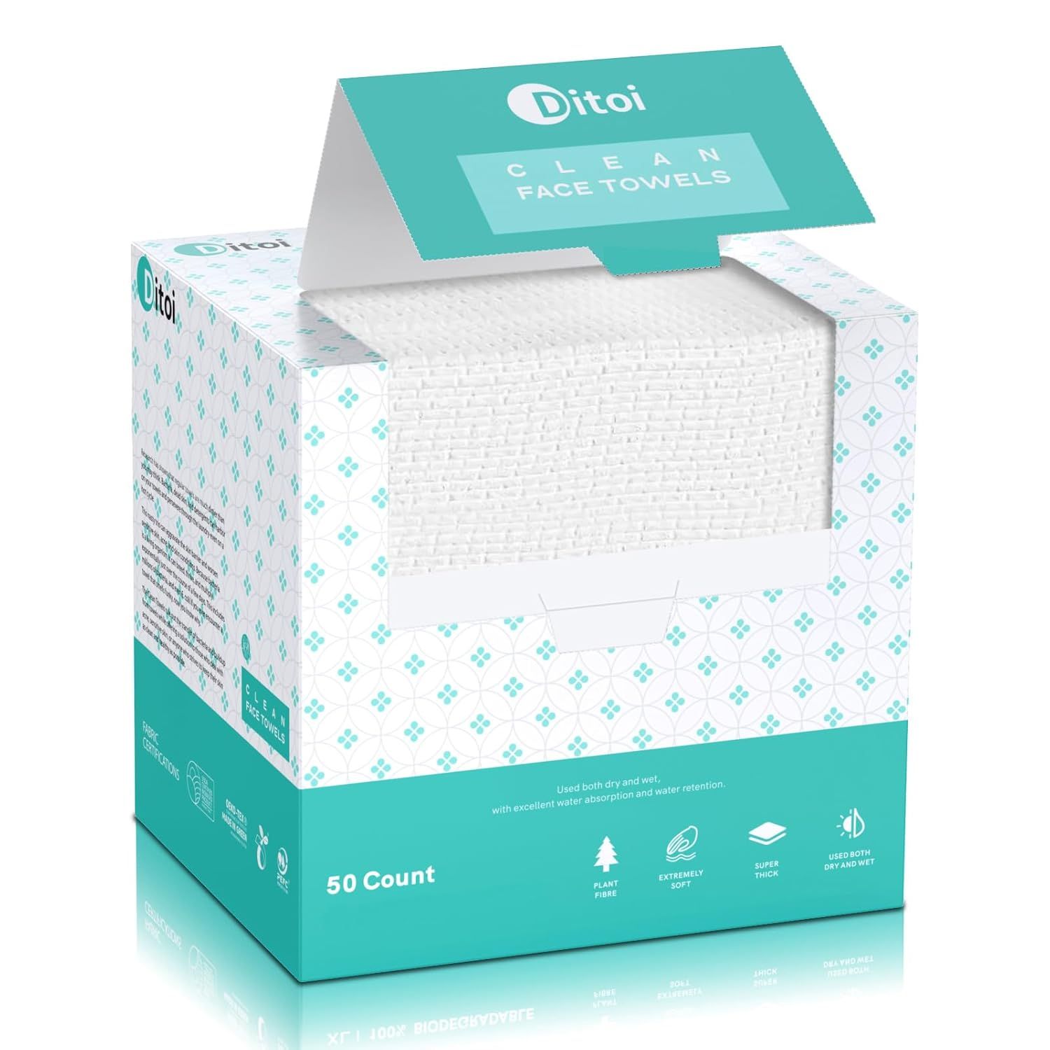 Shows the core product—a box of 50 clean face towels with a convenient pop-up dispenser—to communicate what the shopper will receive and how the product is…
